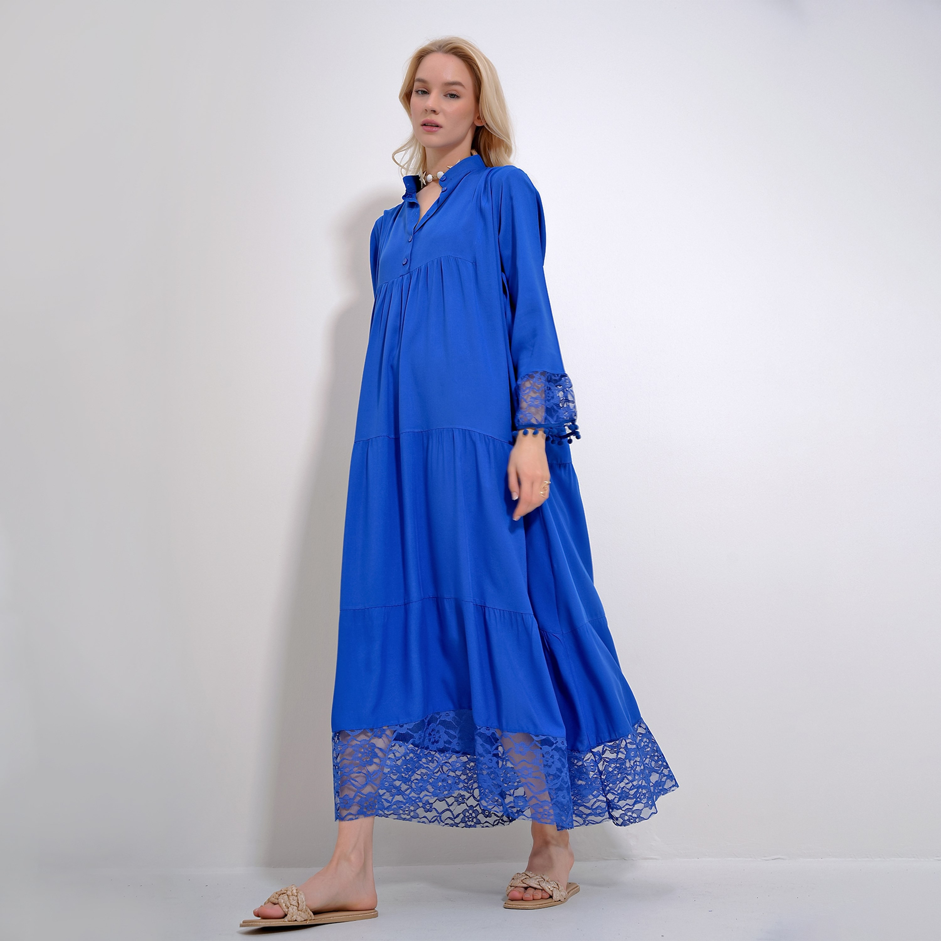 تريند ألاجاتي ستايل فستان ماكسي نسائي بطبقات وياقة شريطية وأكمام دانتيل-women-clothing-dresses-image-2