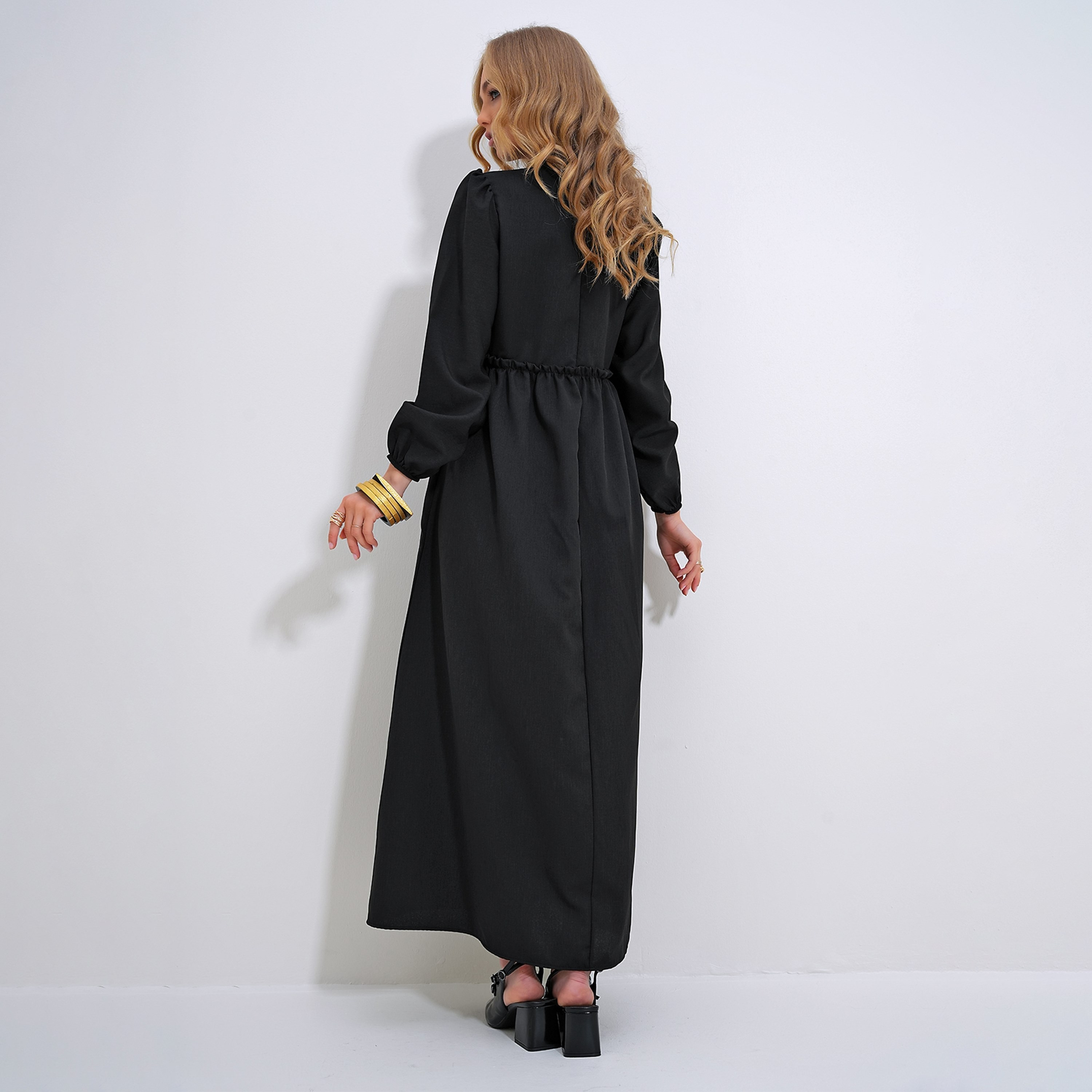 تريند ألاجاتي ستايل فستان ماكسي نسائي أسود بتصميم كروشيه ورقبة عالية وأكمام منفوخة-women-clothing-dresses-image-3