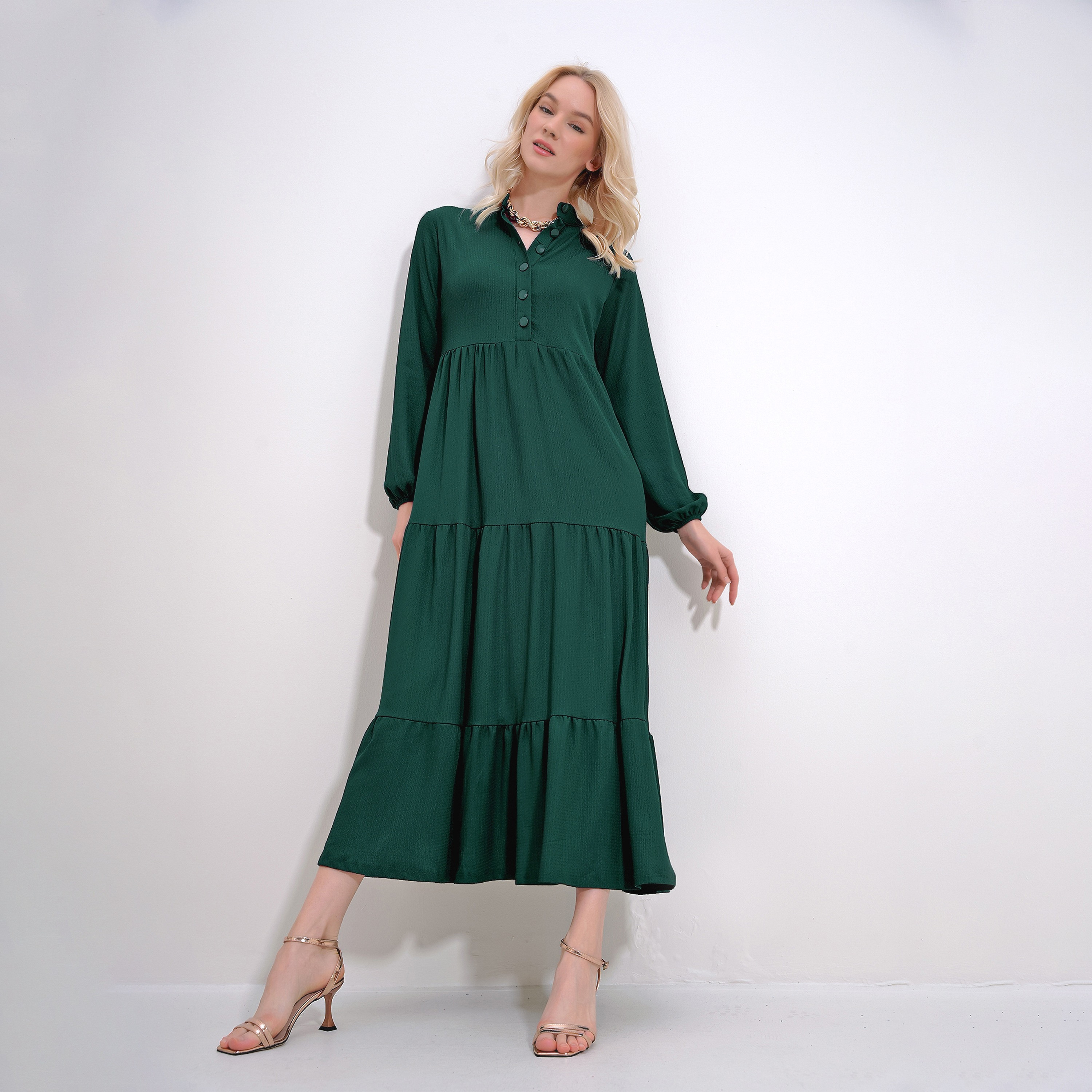 تريند ألاجاتي ستايل فستان ماكسي نسائي أخضر زمردي بطبقات وياقة ماندرين-women-clothing-dresses-image-1