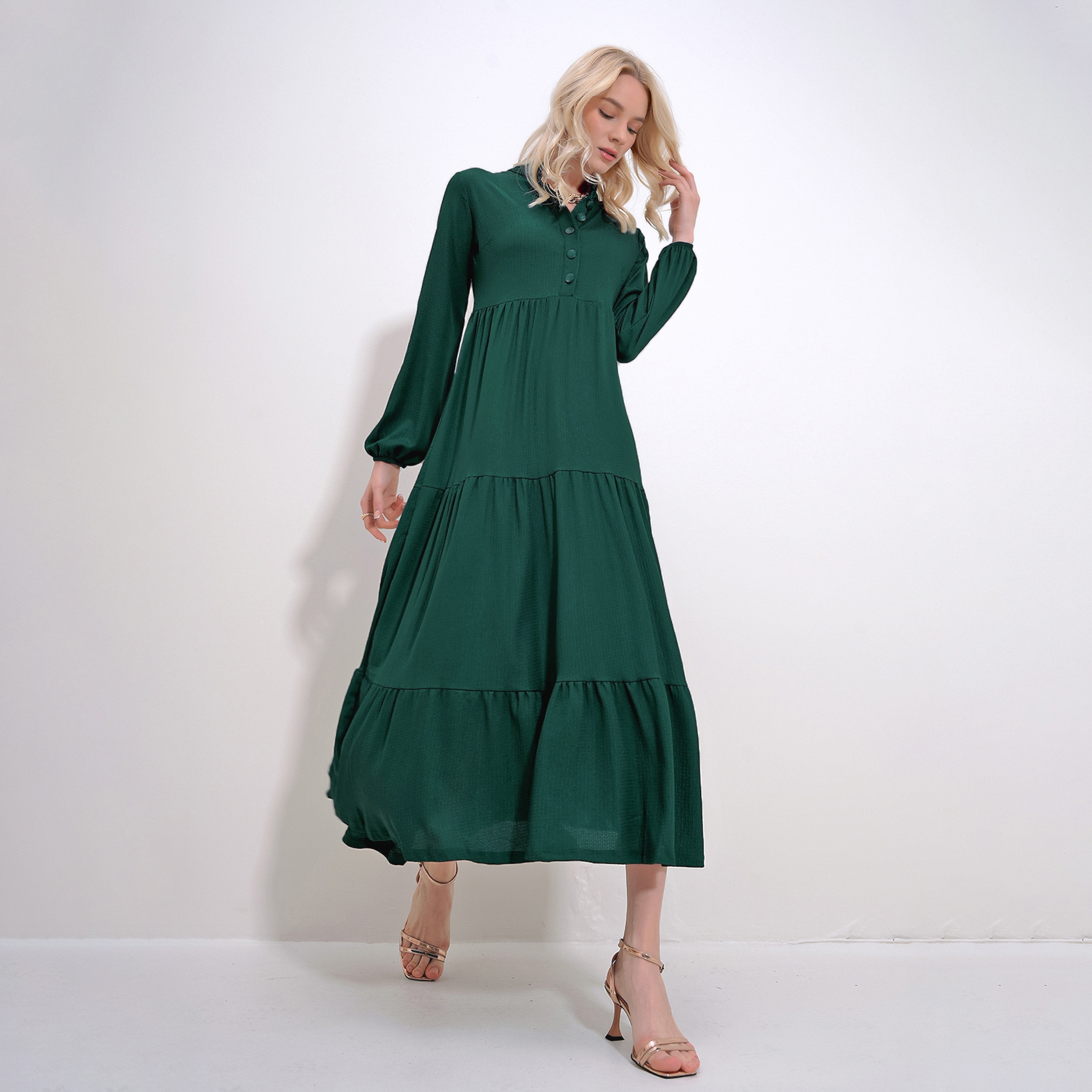تريند ألاجاتي ستايل فستان ماكسي نسائي أخضر زمردي بطبقات وياقة ماندرين-women-clothing-dresses-image-2