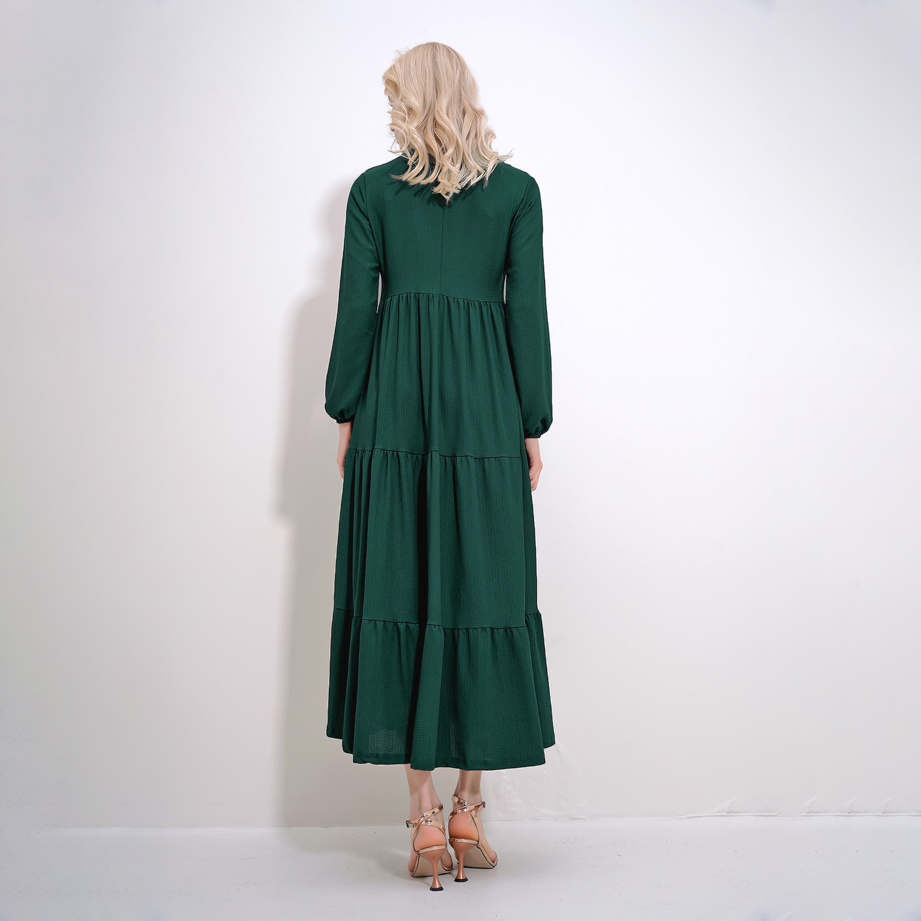 تريند ألاجاتي ستايل فستان ماكسي نسائي أخضر زمردي بطبقات وياقة ماندرين-women-clothing-dresses-image-3