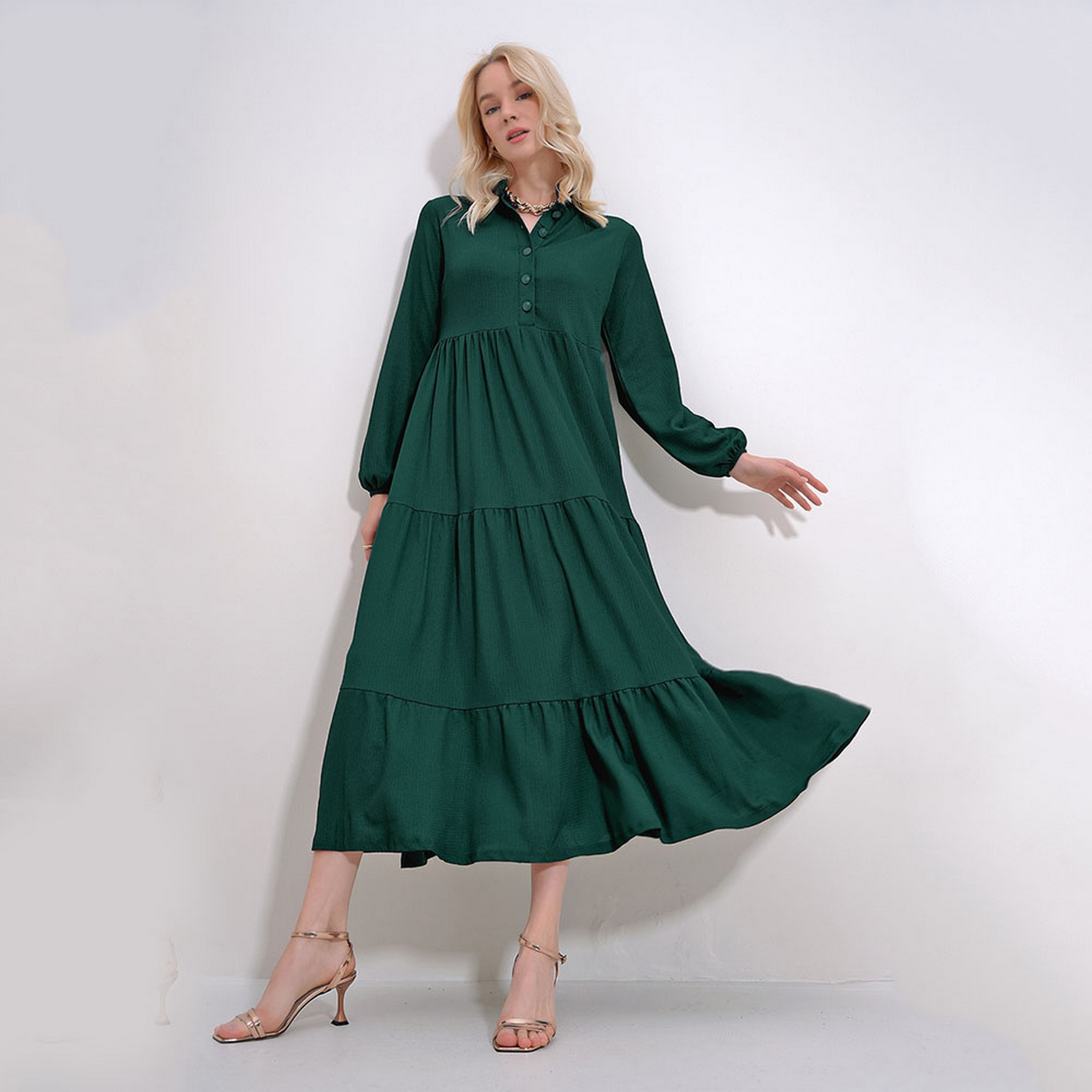 تريند ألاجاتي ستايل فستان ماكسي نسائي أخضر زمردي بطبقات وياقة ماندرين-women-clothing-dresses-image-4