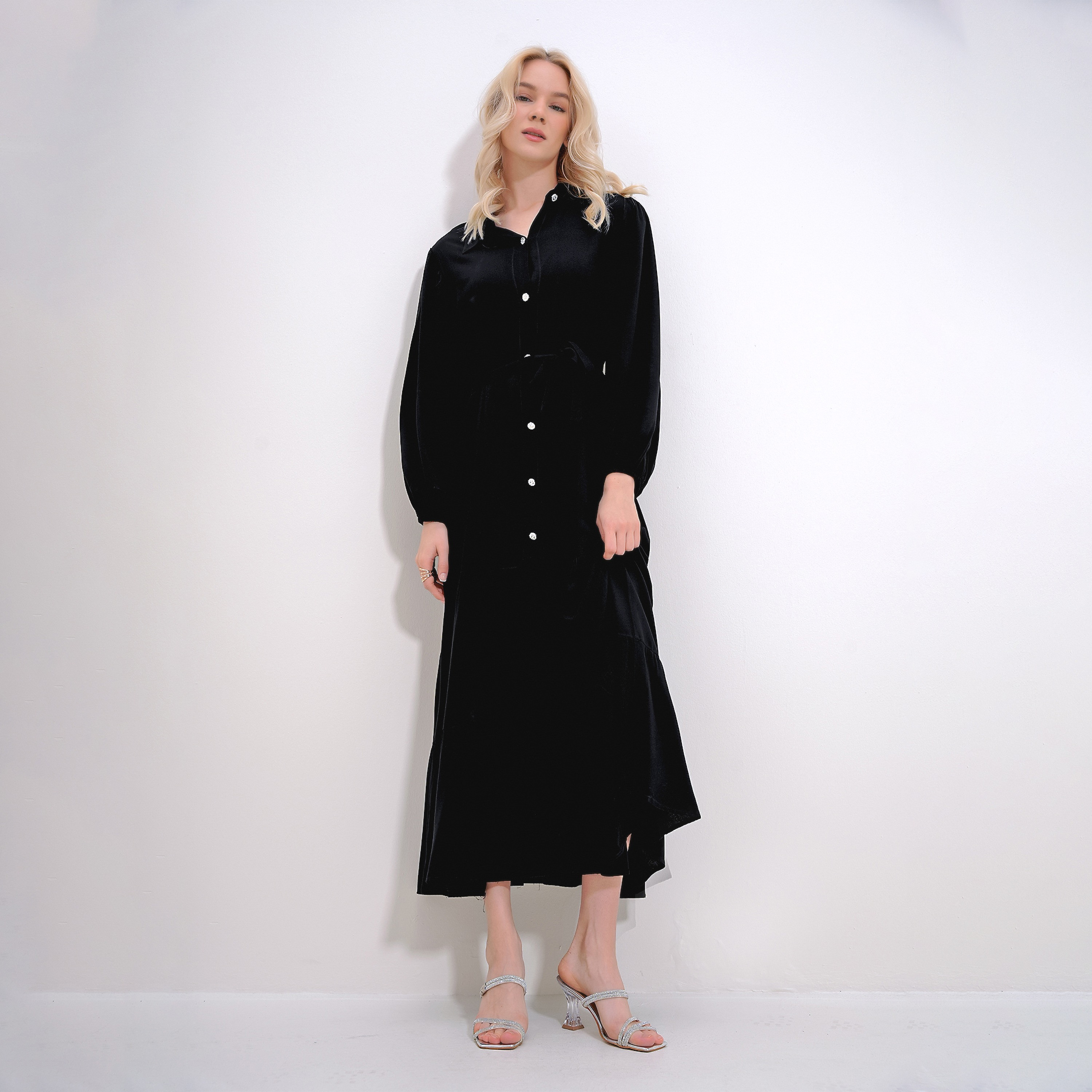 Trend Alacati Stili Viscose Collared Shirt Black Women's Maxi Dress-women-clothing-dresses-image-1