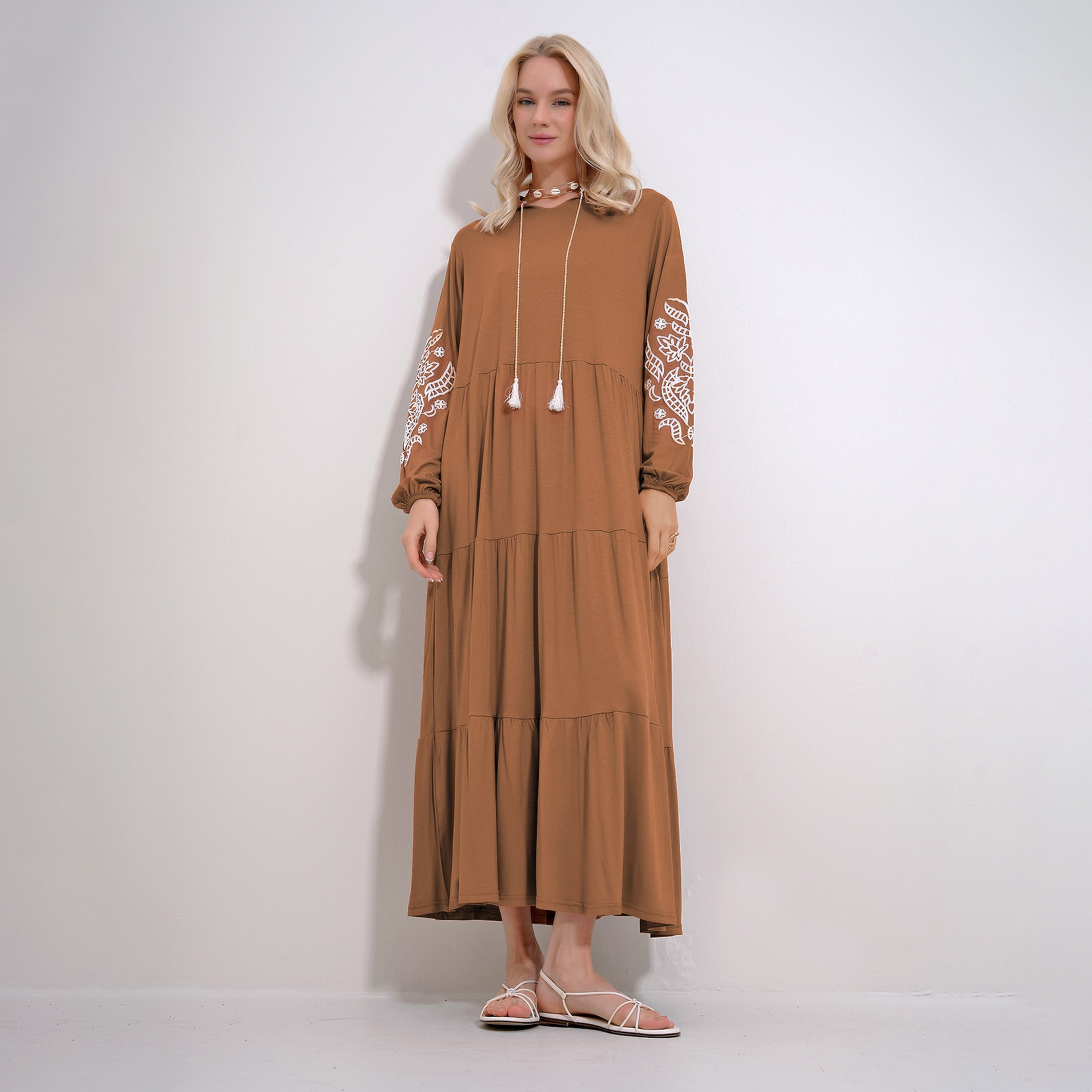 Trend Alacati Stili Balloon Embroidered Sleeves Tiered Brown Women's Maxi Flounced Dress-women-clothing-dresses-image-1