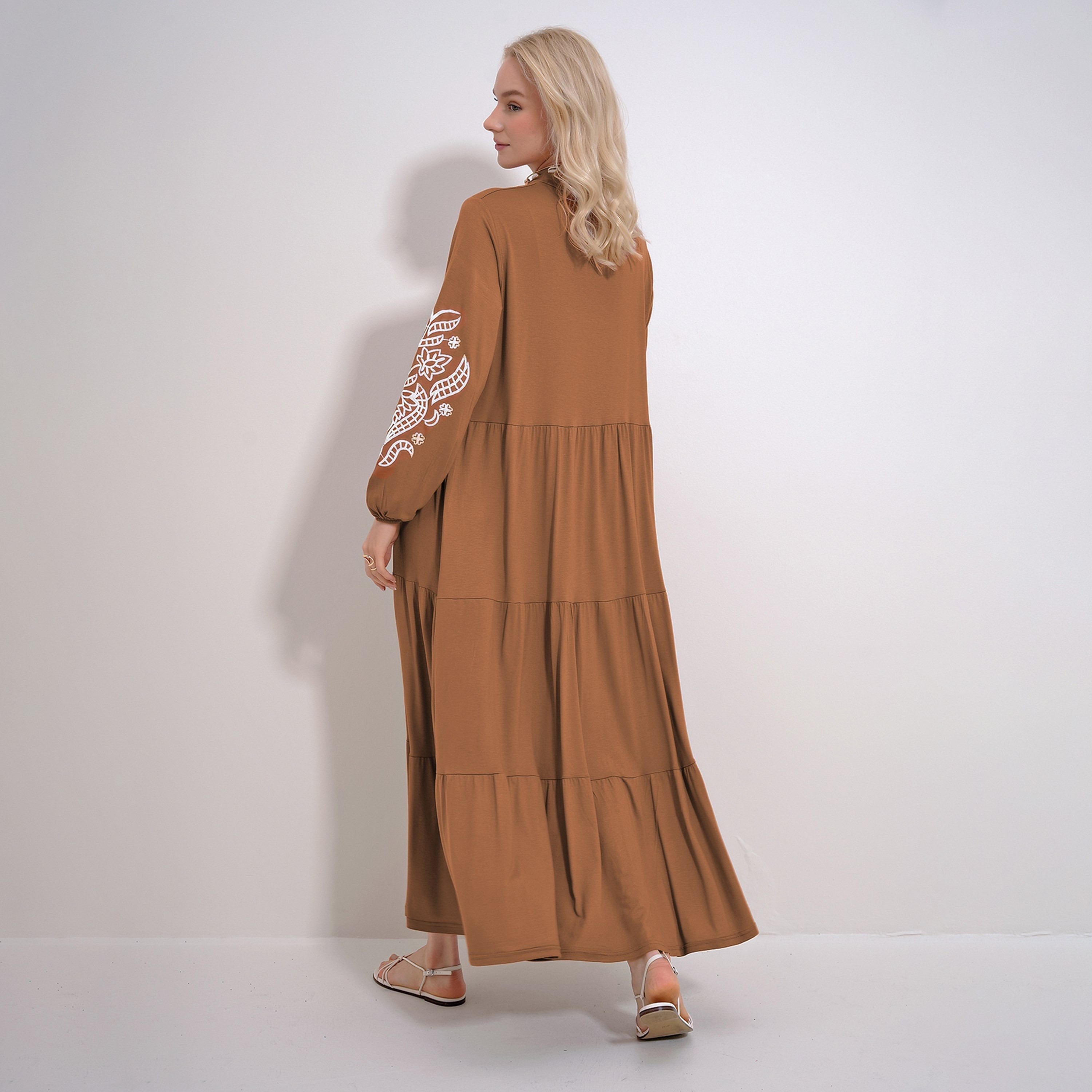 Trend Alacati Stili Balloon Embroidered Sleeves Tiered Brown Women's Maxi Flounced Dress-women-clothing-dresses-image-3
