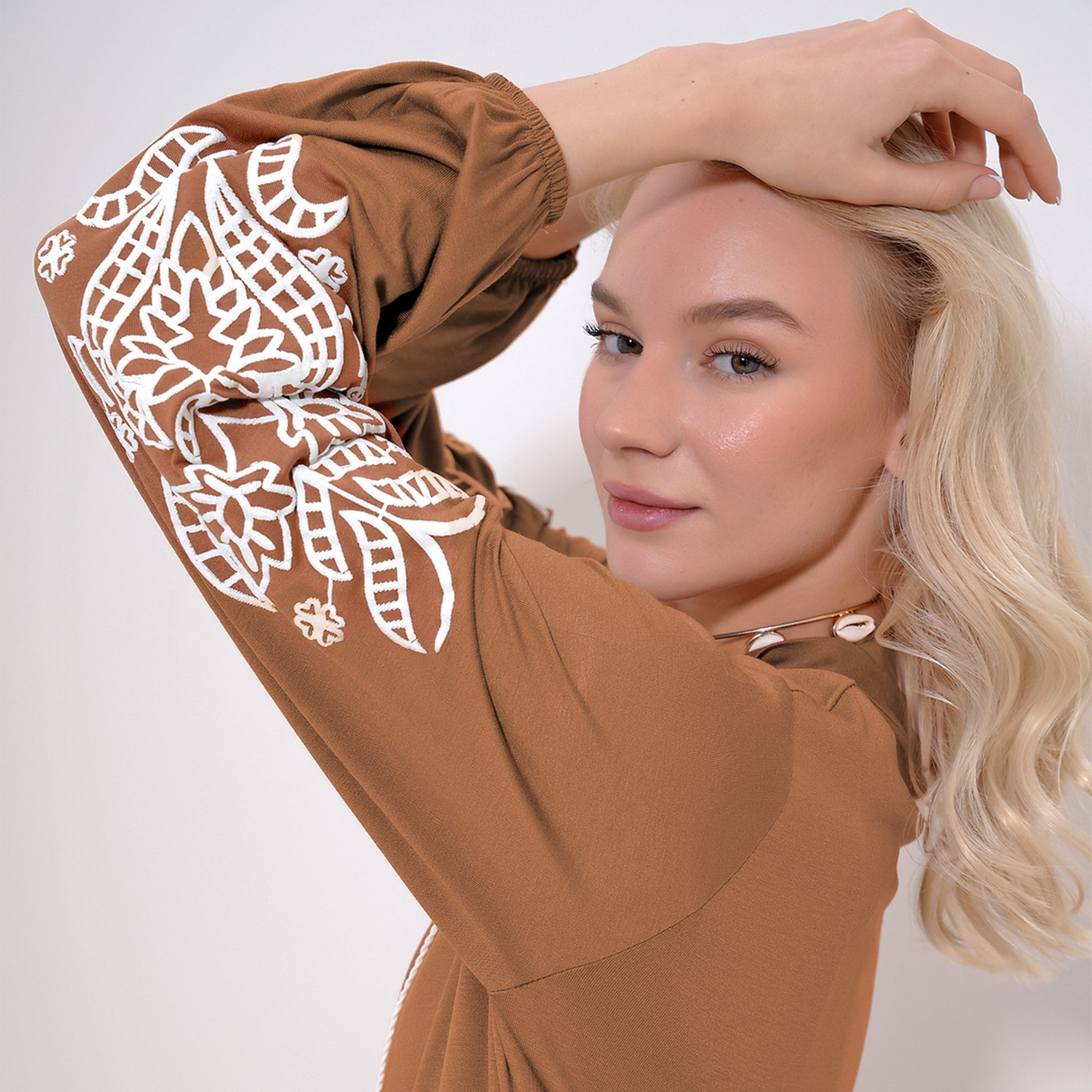 Trend Alacati Stili Balloon Embroidered Sleeves Tiered Brown Women's Maxi Flounced Dress-women-clothing-dresses-image-4