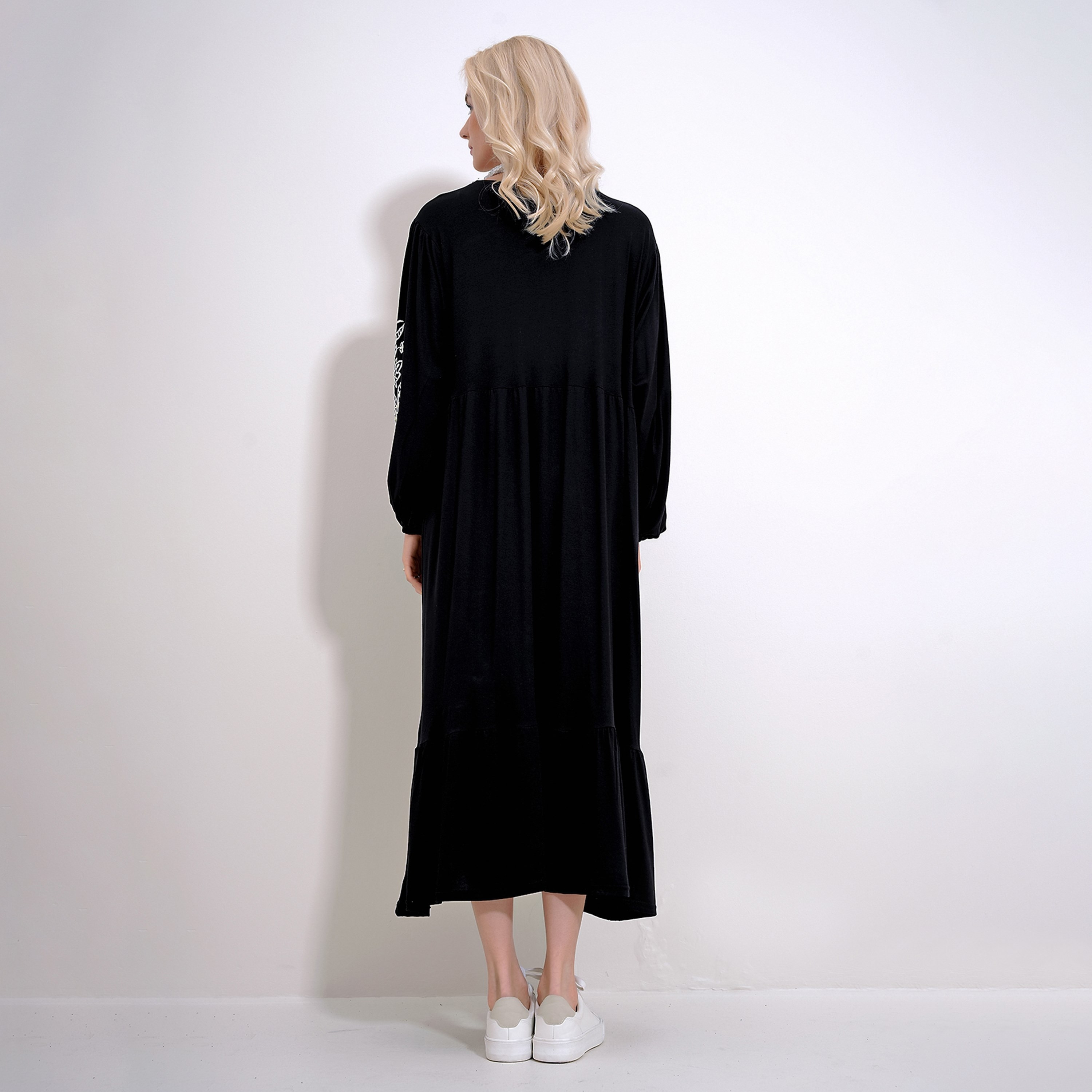 تريند ألاجاتي ستايل فستان ماكسي نسائي أسود بطبقات وكشكشة بأكمام مطاطية-women-clothing-dresses-image-3