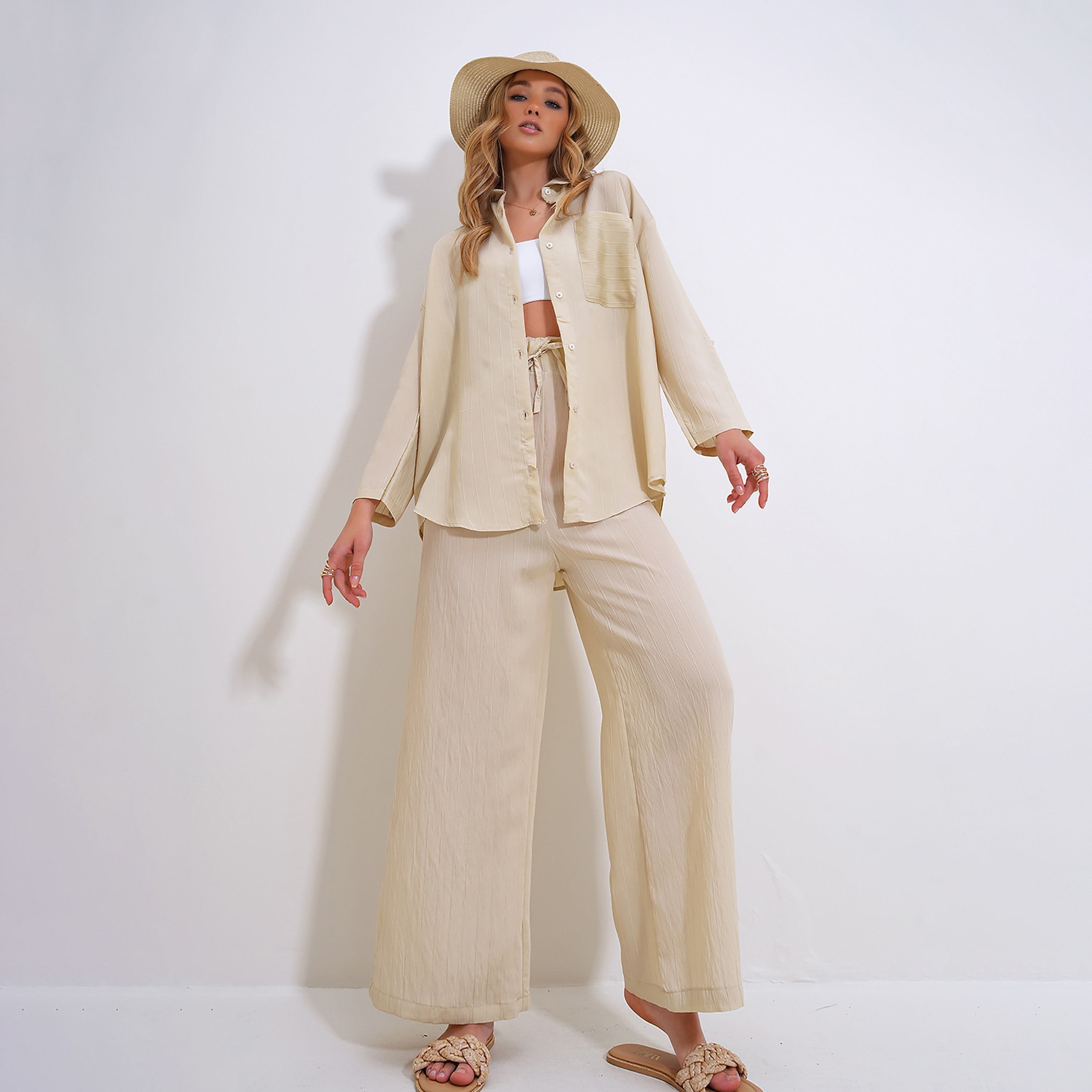 Trend Alacati Stili Beige Textured Collared Dropped Sleeves Women's Shirt & Trousers Set-women-clothing-coordsets-image-1