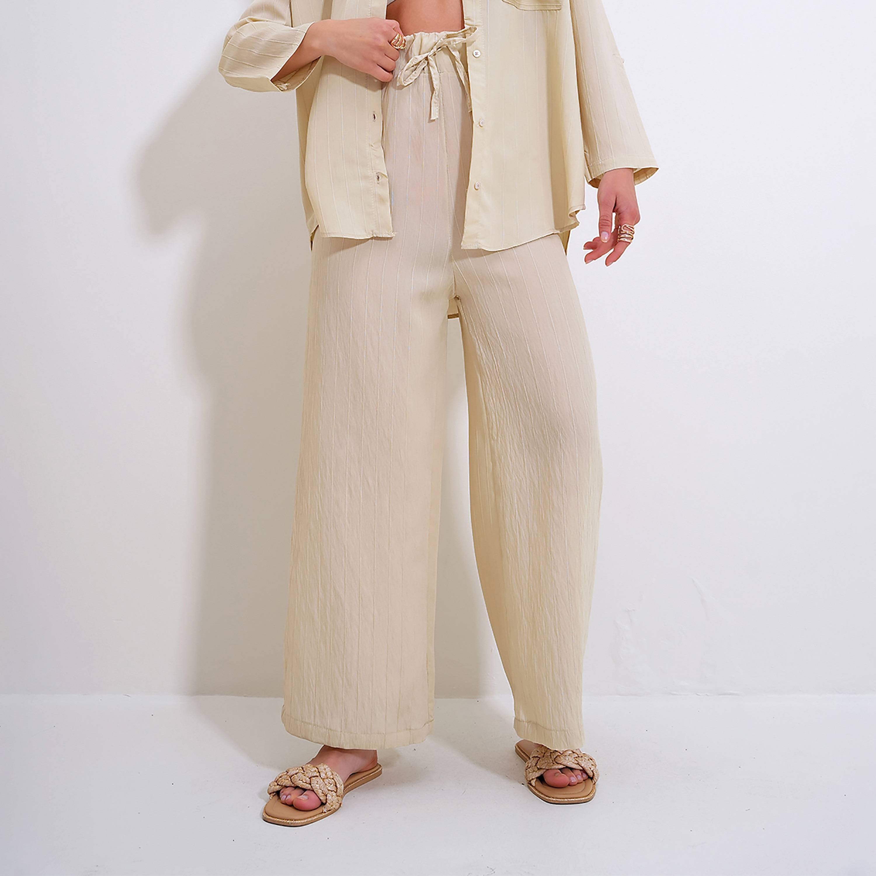 Trend Alacati Stili Beige Textured Collared Dropped Sleeves Women's Shirt & Trousers Set-women-clothing-coordsets-image-3
