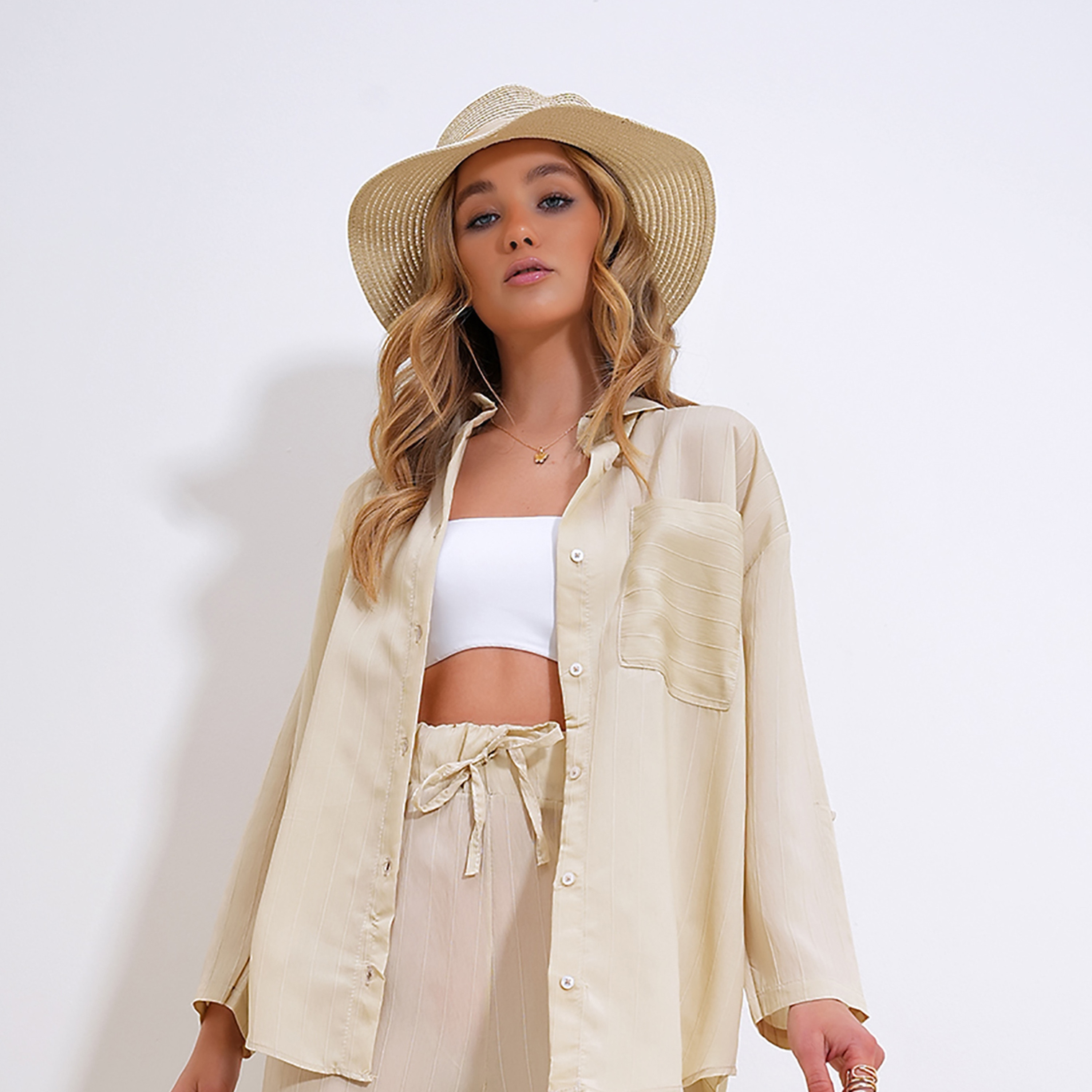 Trend Alacati Stili Beige Textured Collared Dropped Sleeves Women's Shirt & Trousers Set-women-clothing-coordsets-image-4