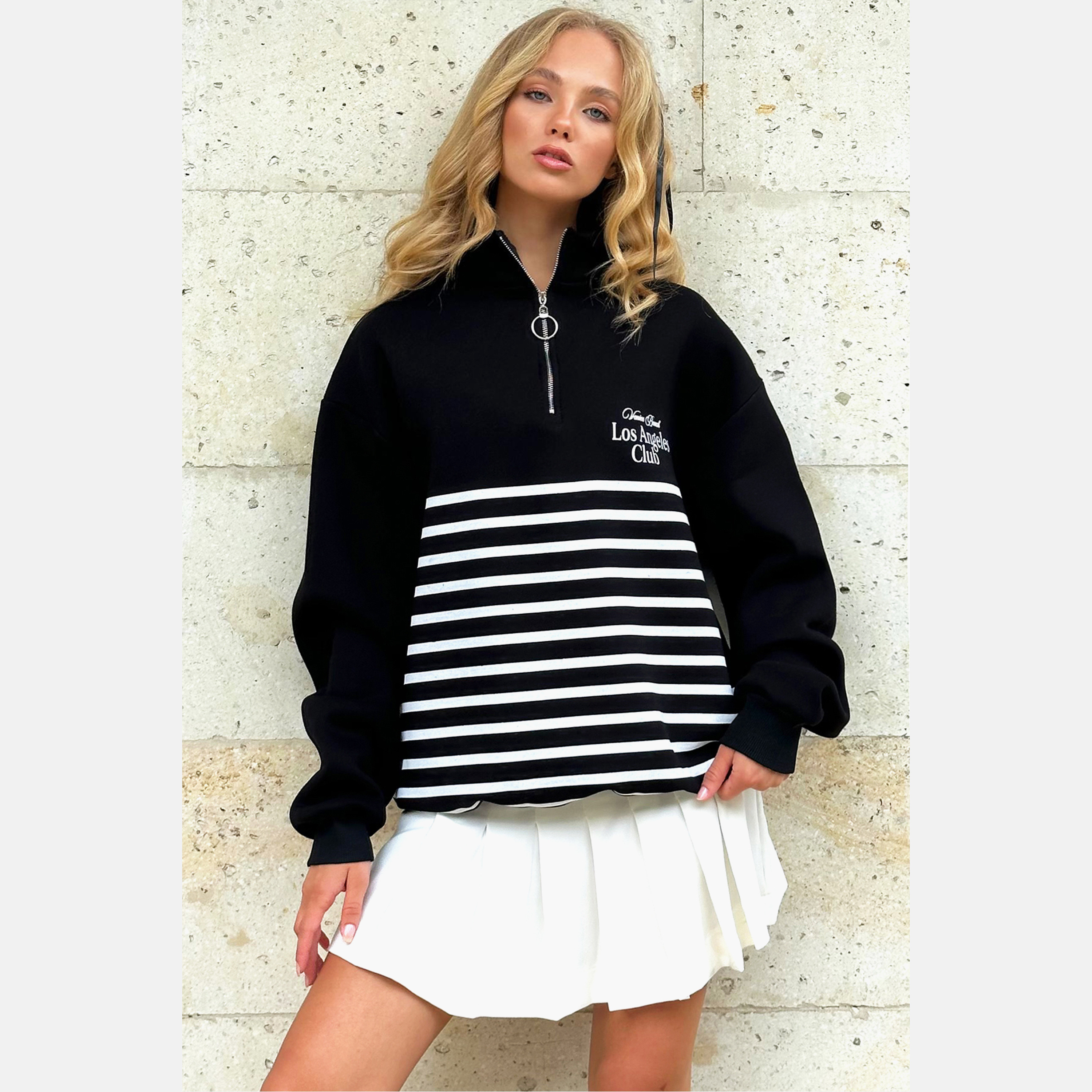 تريند ألاجاتي ستايل سويت شيرت نسائي أسود مخطط بياقة عالية-women-clothing-hoodiesandsweatshirts-sweatshirts-image-1
