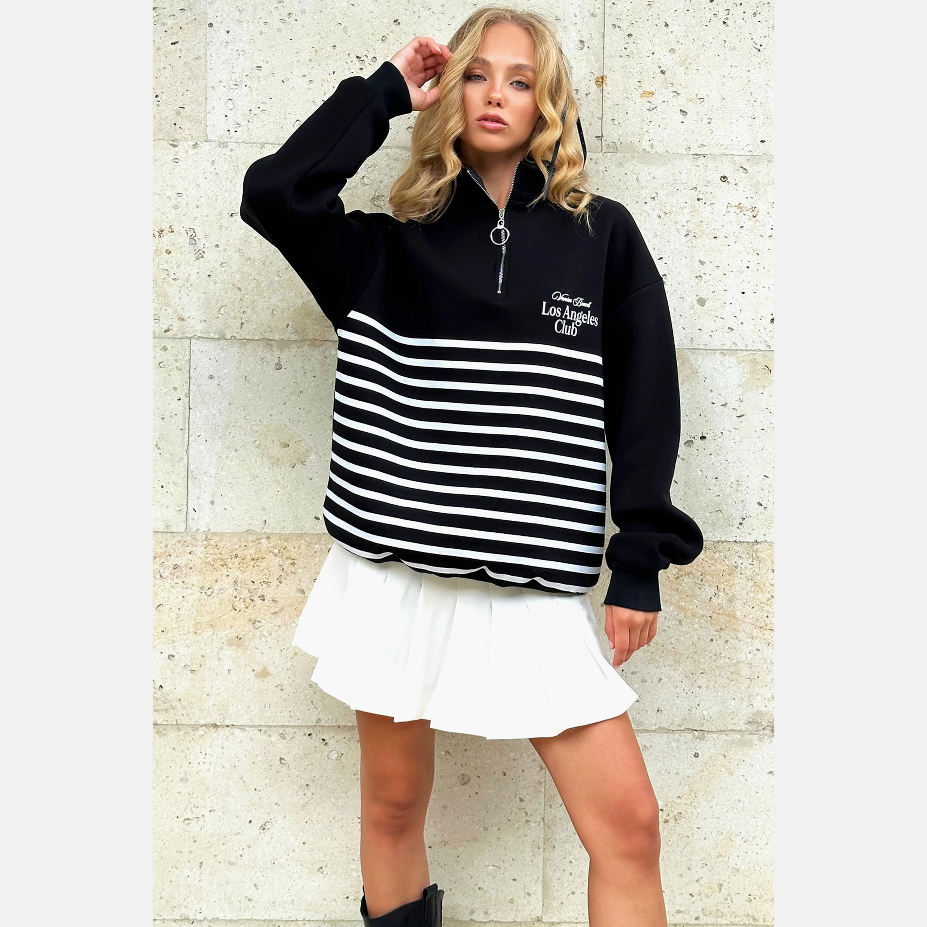 Trend Alacati Stili Striped High Neck Black Women's Sweatshirt-women-clothing-hoodiesandsweatshirts-sweatshirts-image-2