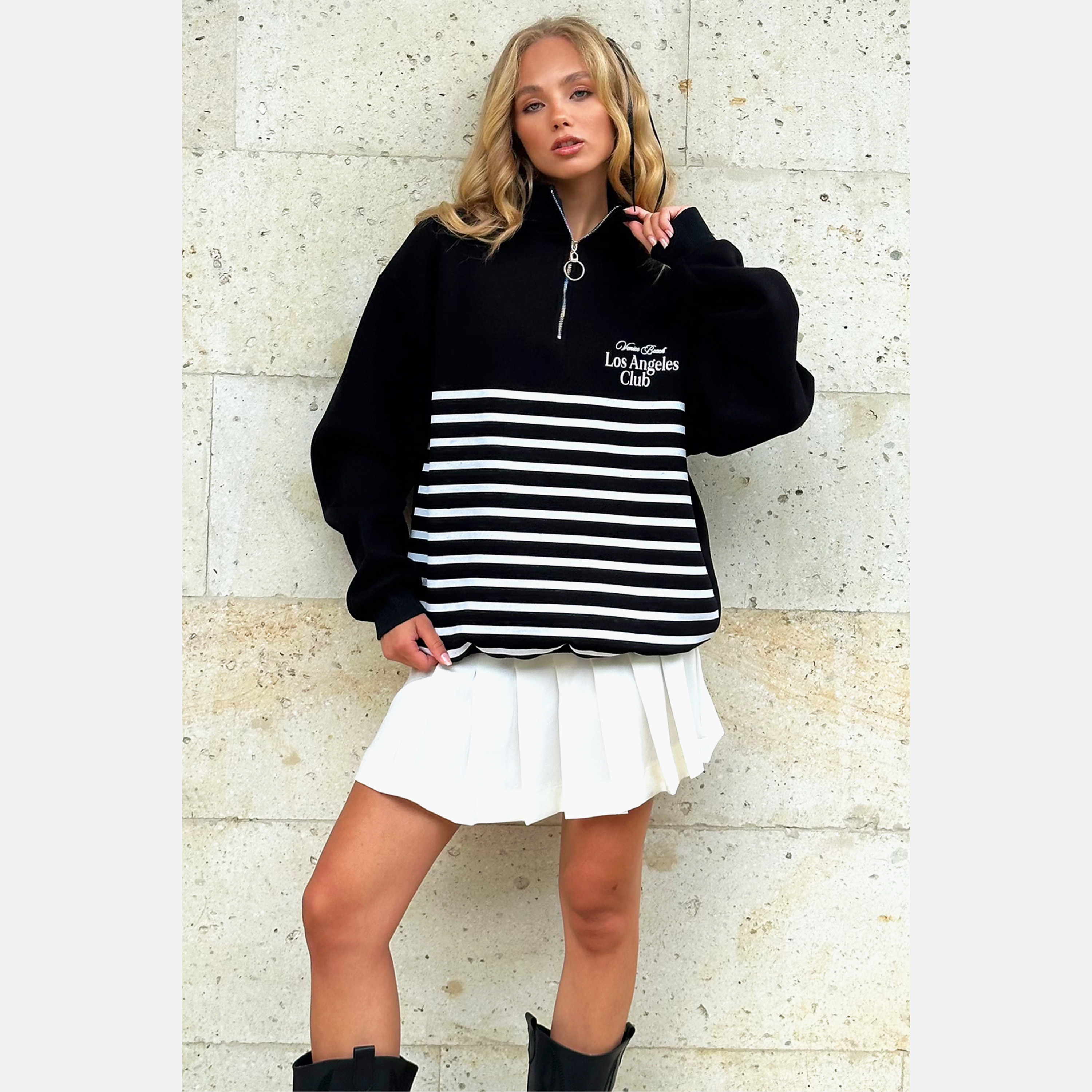 تريند ألاجاتي ستايل سويت شيرت نسائي أسود مخطط بياقة عالية-women-clothing-hoodiesandsweatshirts-sweatshirts-image-4