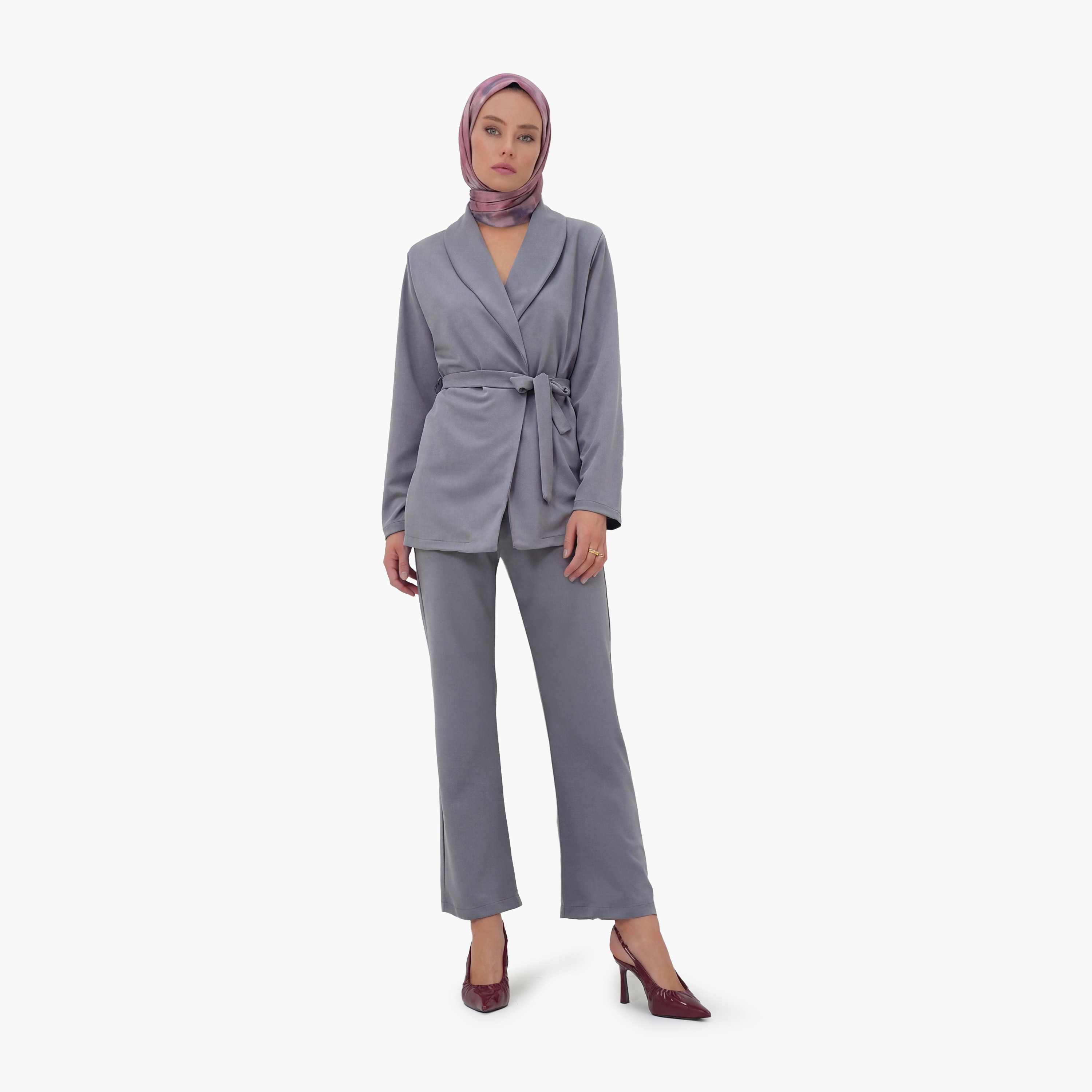 تريند ألاجاتي ستايل طقم نسائي متناسق من قطعتين: بليزر سادة بياقة شال وبنطلون-women-clothing-coordsets-image-6