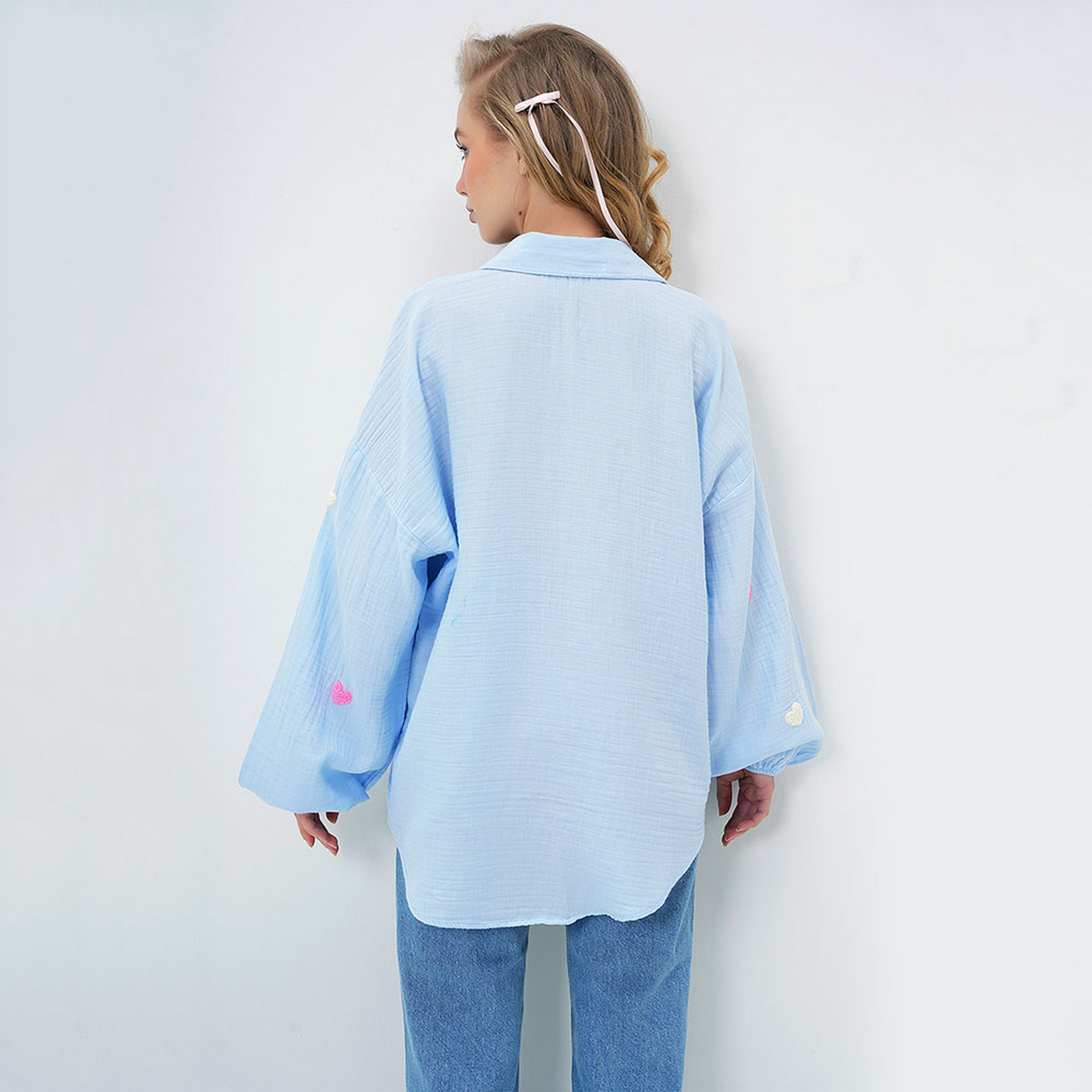 Trend Alacati Stili Heart Shape Chenille Embroidered Linen Drop Shoulder Balloon Sleeves Light Blue Women's Shirt-women-clothing-shirtsandblouses-shirts-image-3