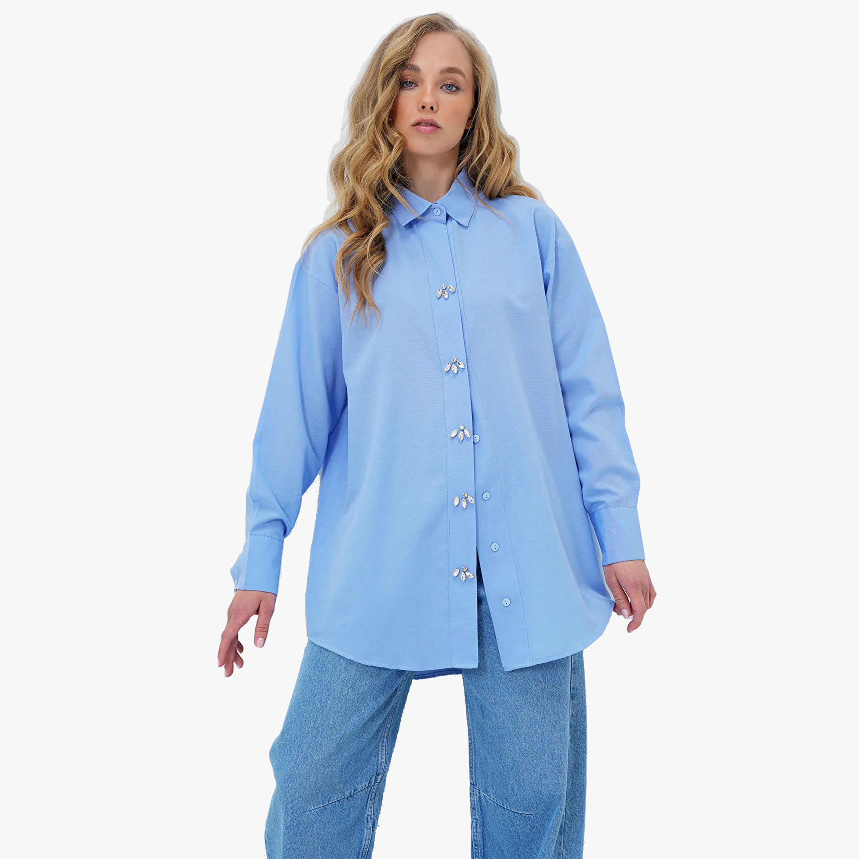 Trend Alacati Stili Crystal Work Cotton Collared Dropped Sleeves Blue Women's Shirt-women-clothing-shirtsandblouses-shirts-image-1