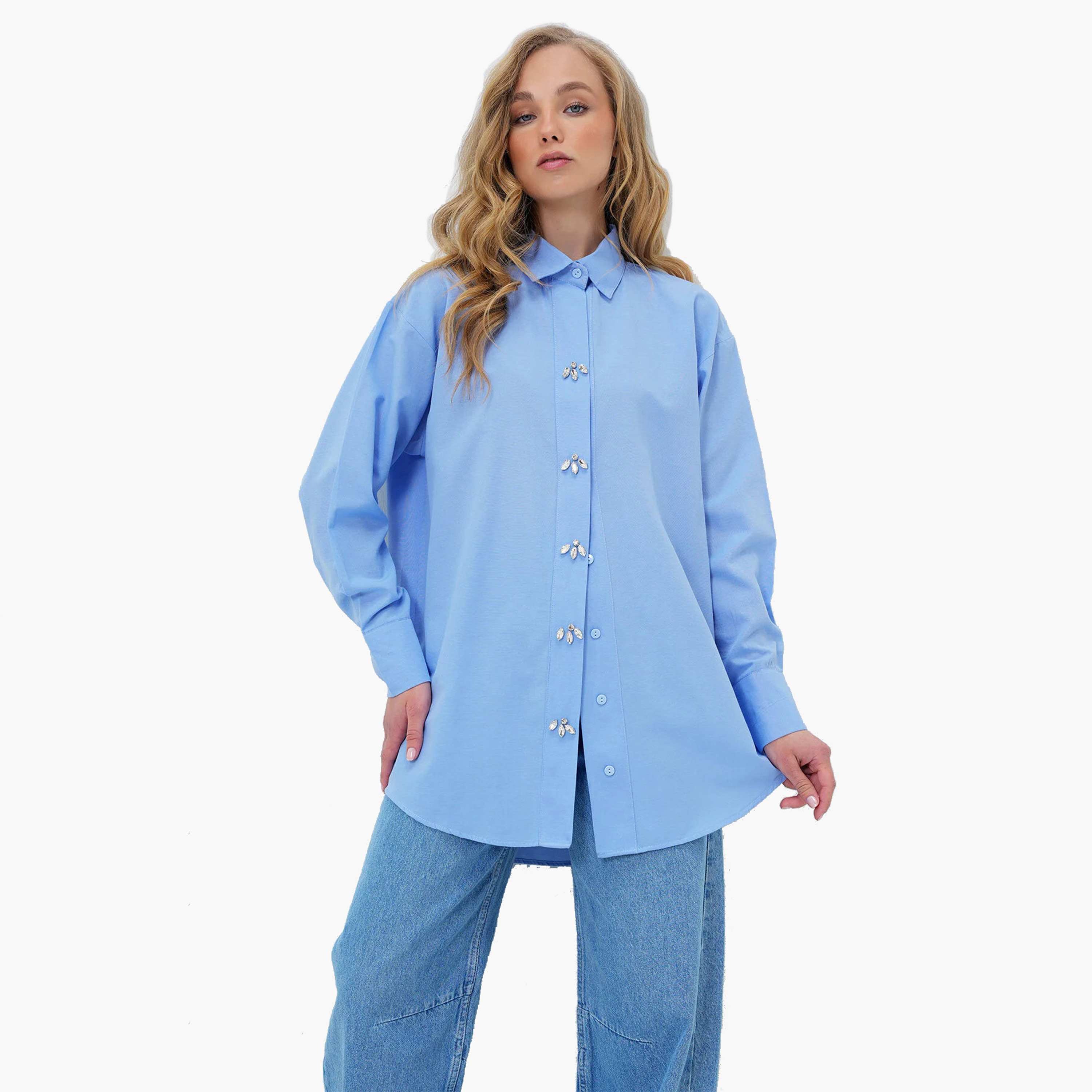 Trend Alacati Stili Crystal Work Cotton Collared Dropped Sleeves Blue Women's Shirt-women-clothing-shirtsandblouses-shirts-image-2
