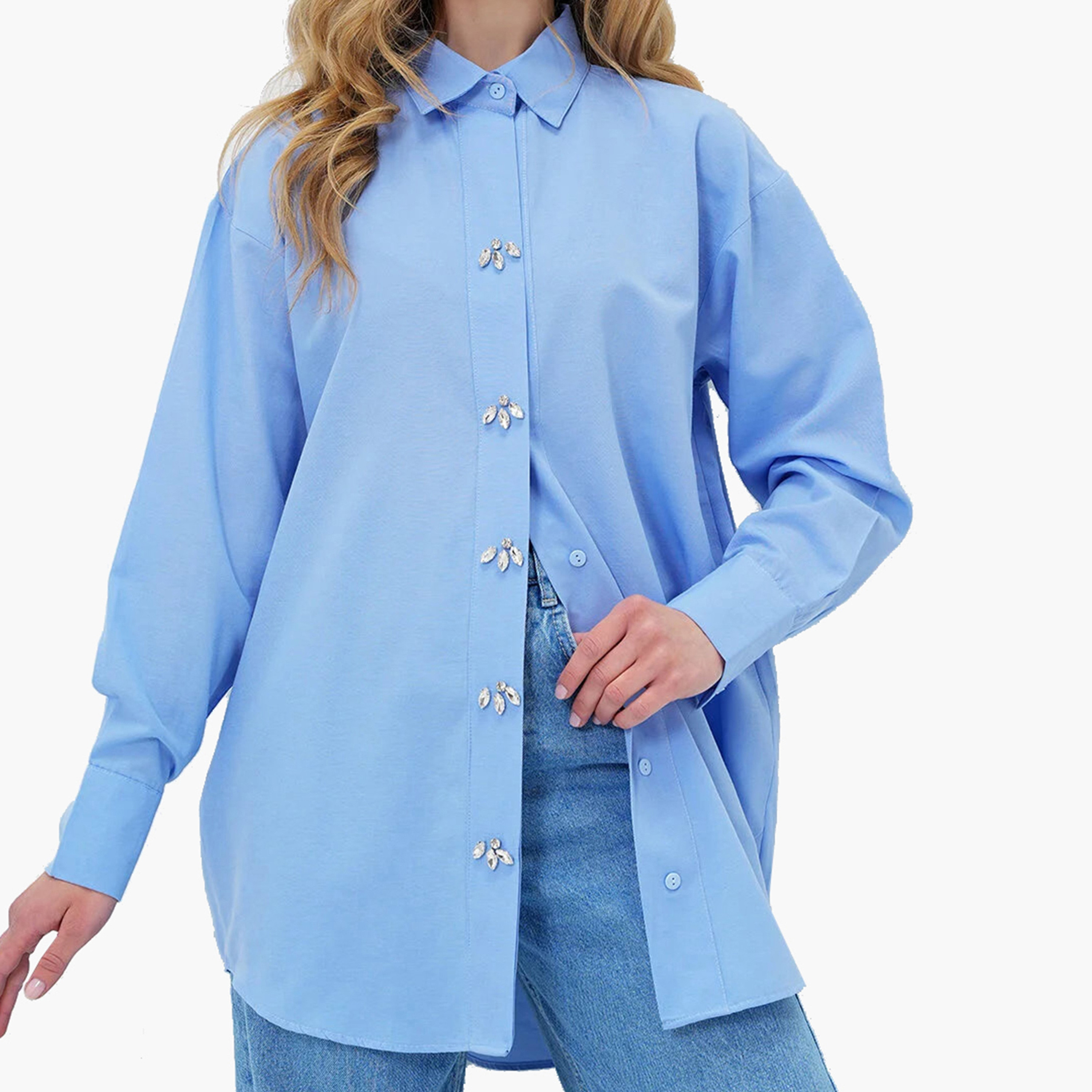تريند ألاجاتي ستايل قميص نسائي أزرق من القطن بتطريز كريستالي وياقة وأكمام ساقطة-women-clothing-shirtsandblouses-shirts-image-3