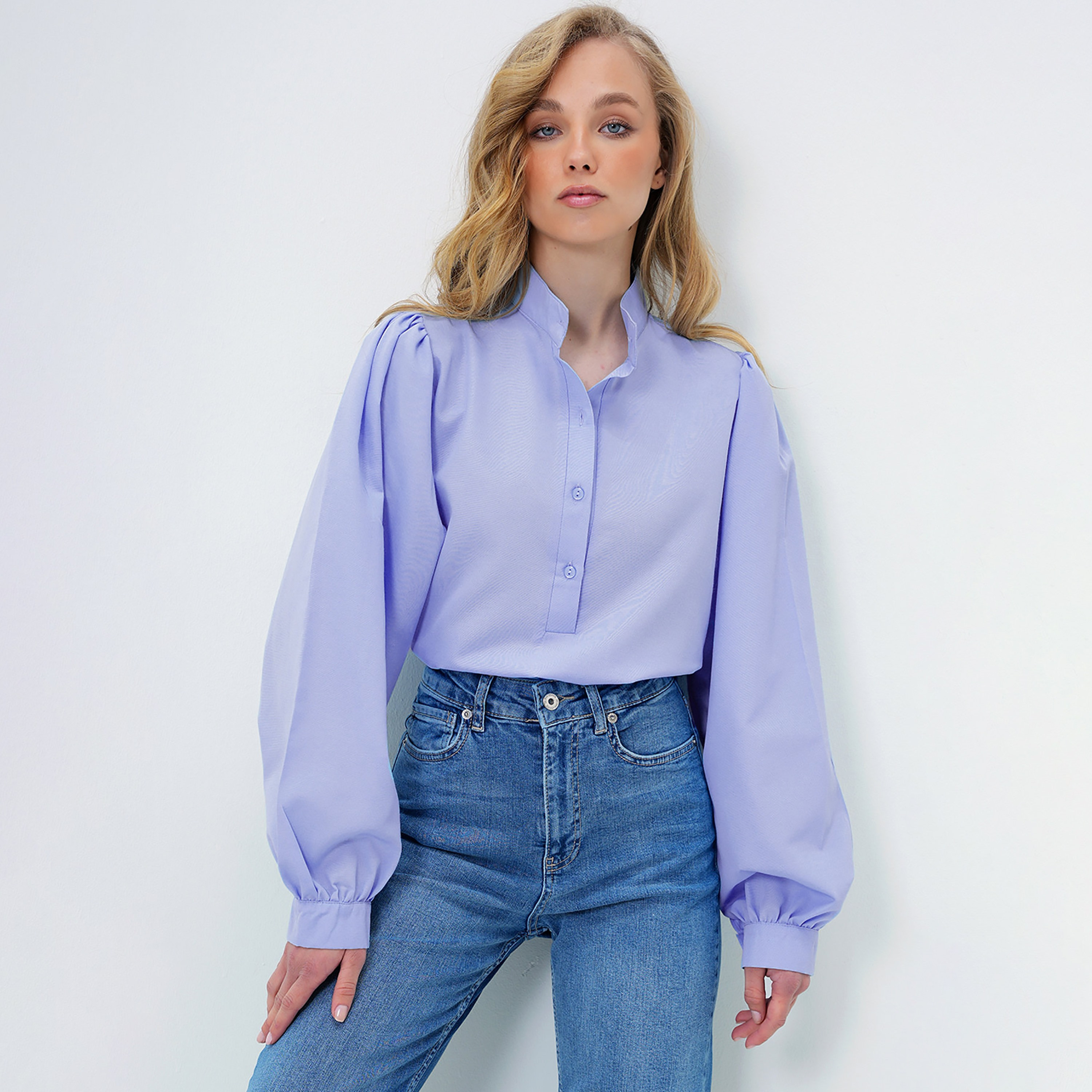 Trend Alacati Stili Blue Mandarin Collar Balloon Sleeves Women's Shirt-women-clothing-shirtsandblouses-shirts-image-2
