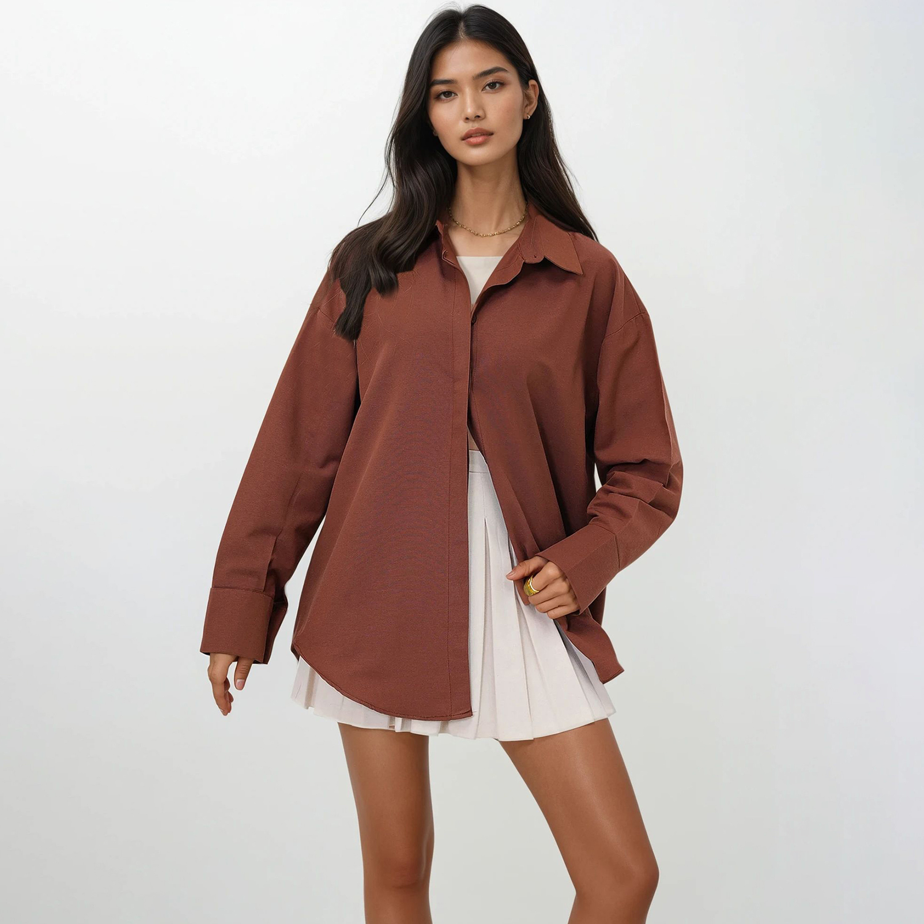 تريند ألاجاتي ستايل قميص نسائي بلون القهوة من القطن بياقة-women-clothing-shirtsandblouses-shirts-image-2