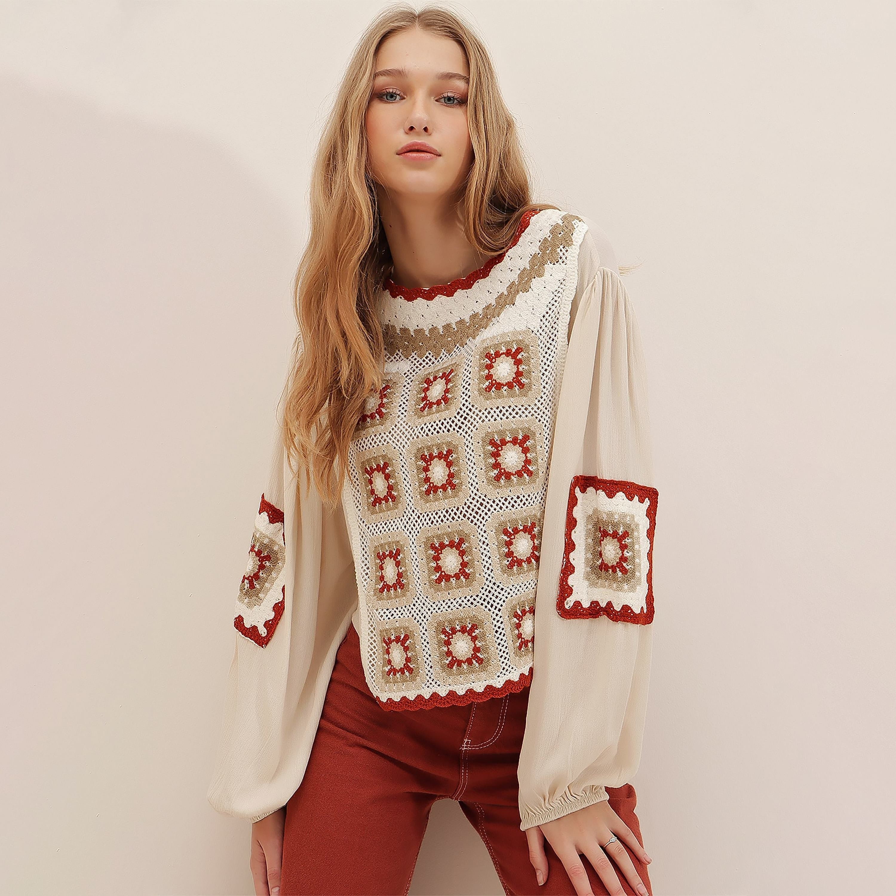 Trend Alacati Stili Crochet Patchwork Scalloped Detail Neck Balloon Sleeves Beige Women's Blouse-women-clothing-shirtsandblouses-blouses-image-1