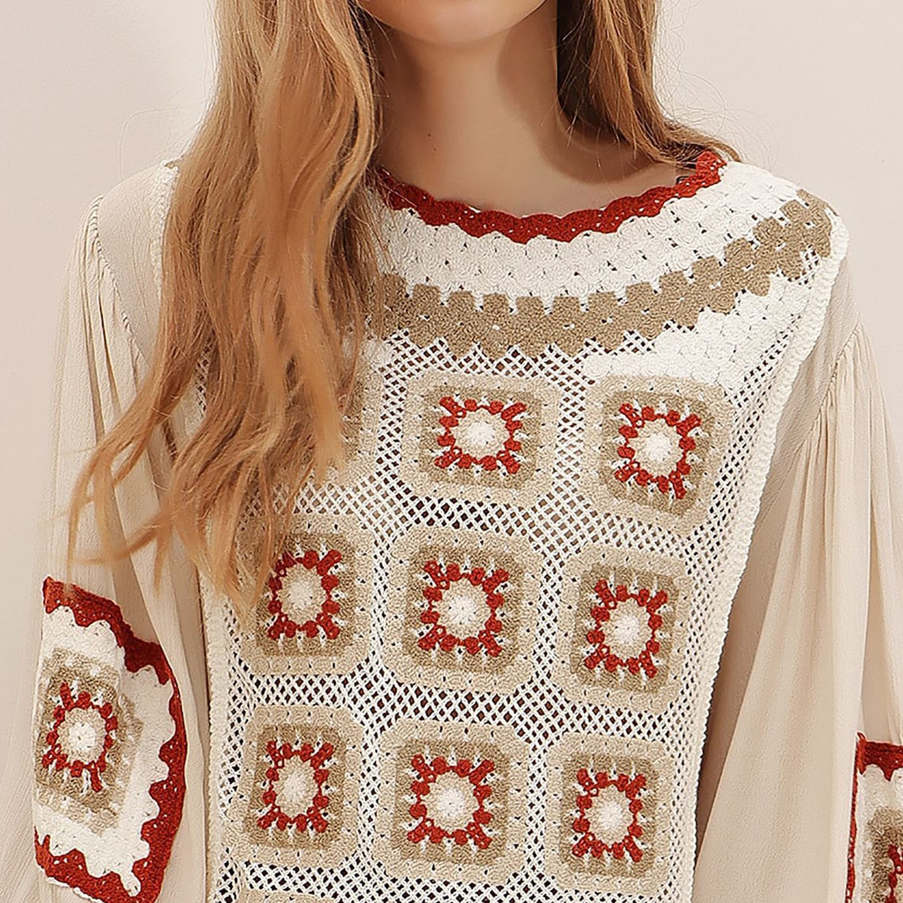 Trend Alacati Stili Crochet Patchwork Scalloped Detail Neck Balloon Sleeves Beige Women's Blouse-women-clothing-shirtsandblouses-blouses-image-4