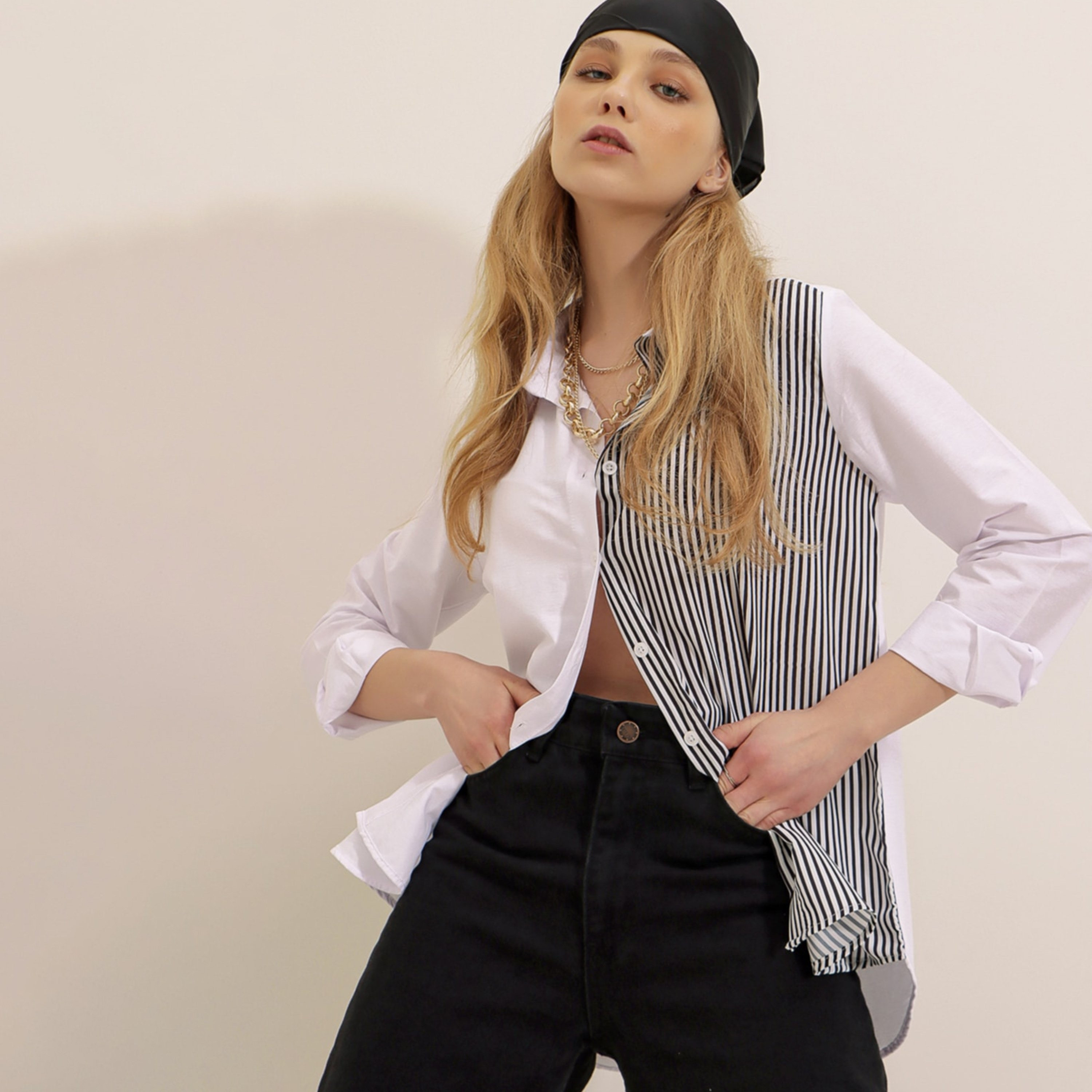 تريند ألاجاتي ستايل قميص نسائي أسود وأبيض بياقة وألواح مخططة متباينة-women-clothing-shirtsandblouses-shirts-image-2