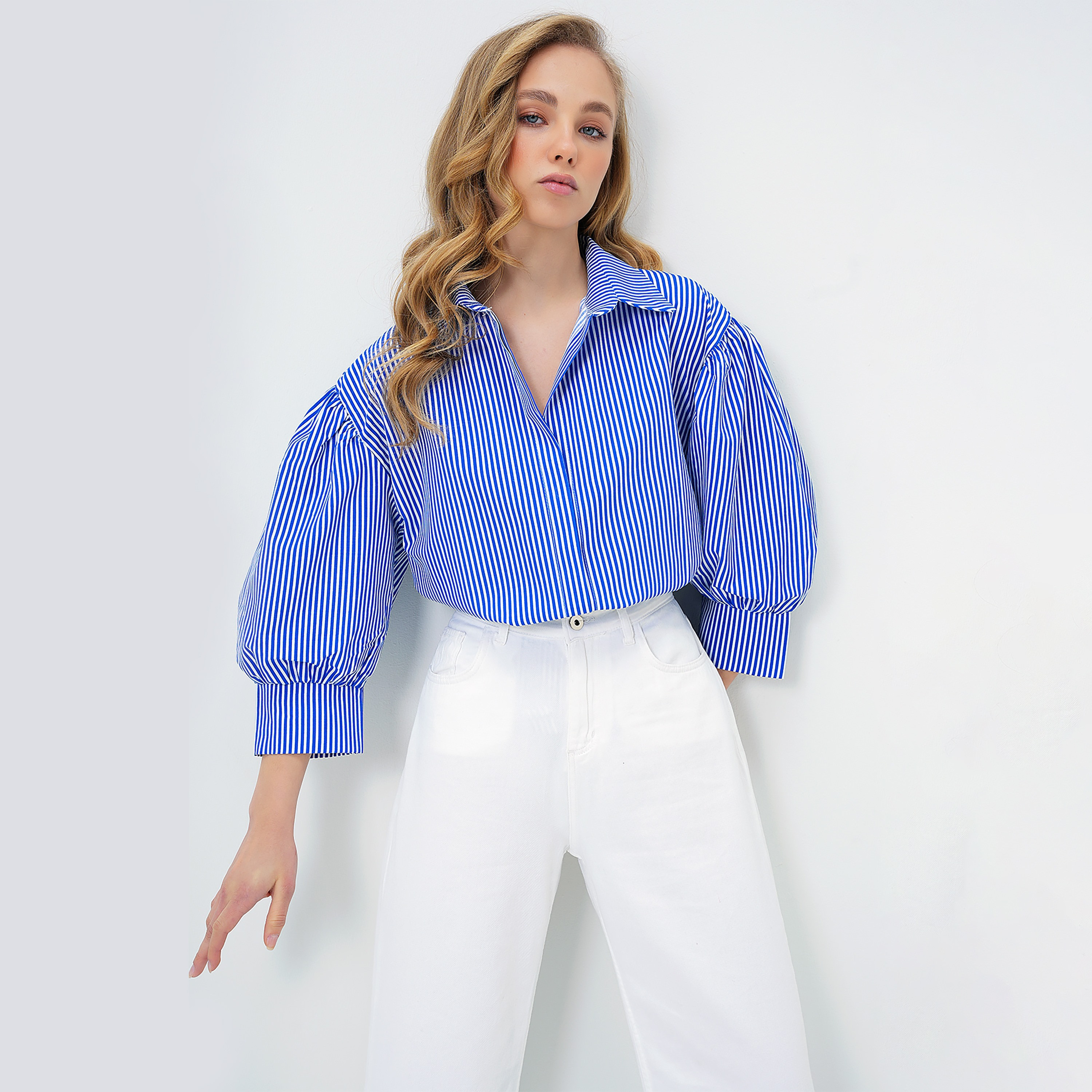 Trend Alacati Stili Striped Collared Navy Women's Shirt-women-clothing-shirtsandblouses-shirts-image-4