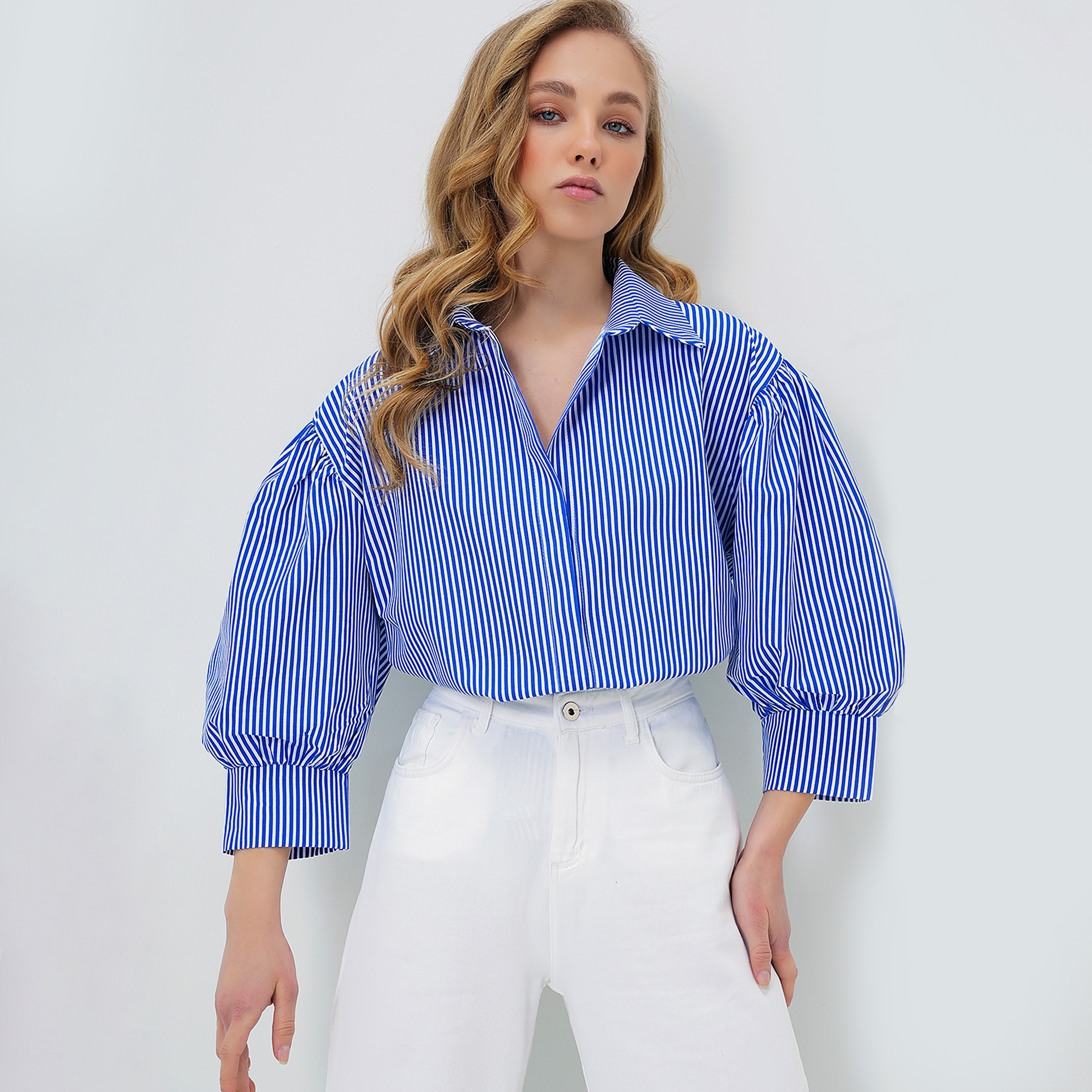 Trend Alacati Stili Striped Collared Navy Women's Shirt-women-clothing-shirtsandblouses-shirts-image-5