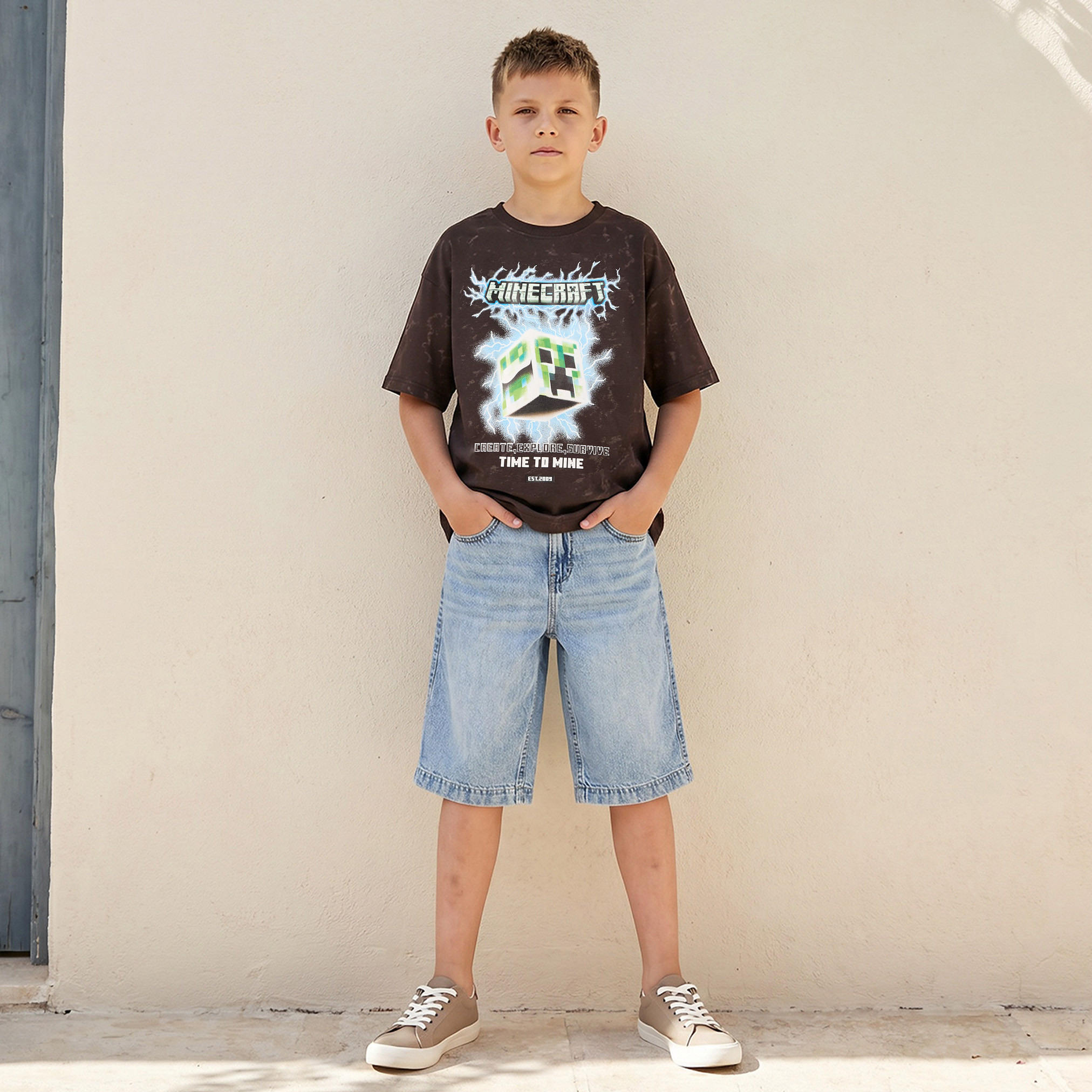 تيشيرت بياقة ضيقة وأكمام قصيرة وطبعات جرافيك من ماينكرافت-boys-clothing-tshirtsandpolos-image-2