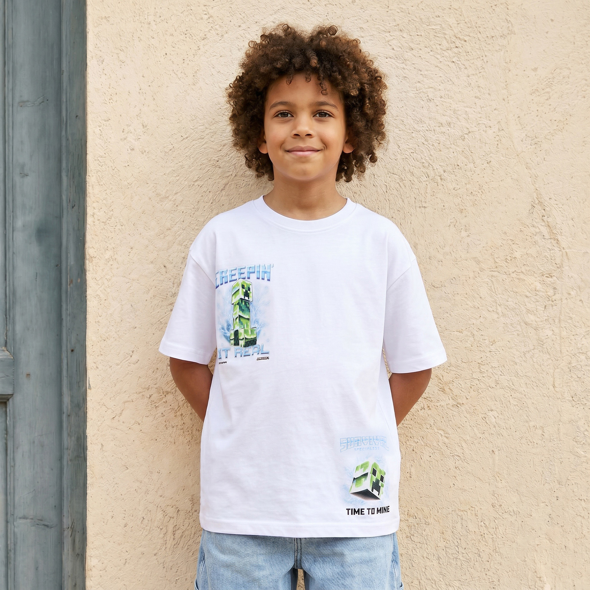 تيشيرت بياقة ضيقة وأكمام قصيرة وطبعات جرافيك من ماينكرافت-boys-clothing-tshirtsandpolos-image-1