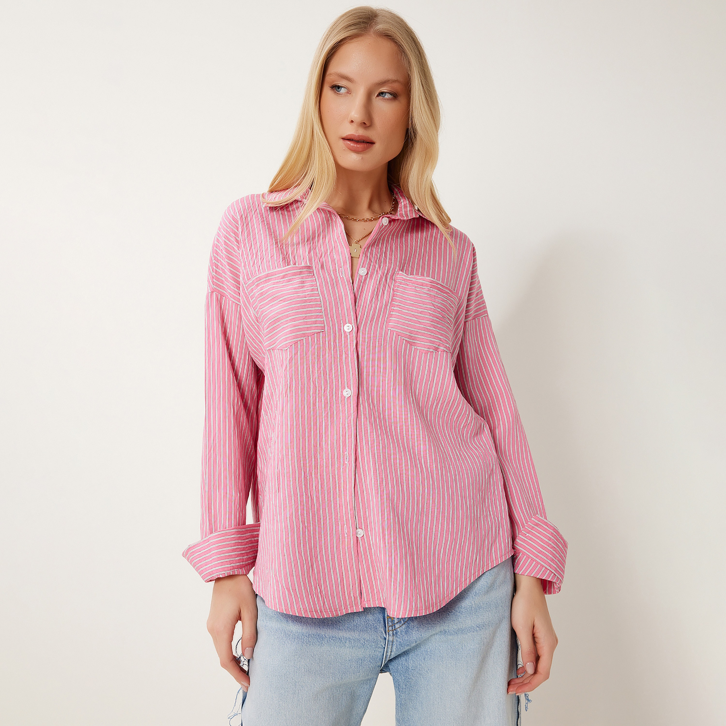 Happiness Istanbul Striped Cotton Collared Dropped Sleeves Women's Shirt-women-clothing-shirtsandblouses-shirts-image-5
