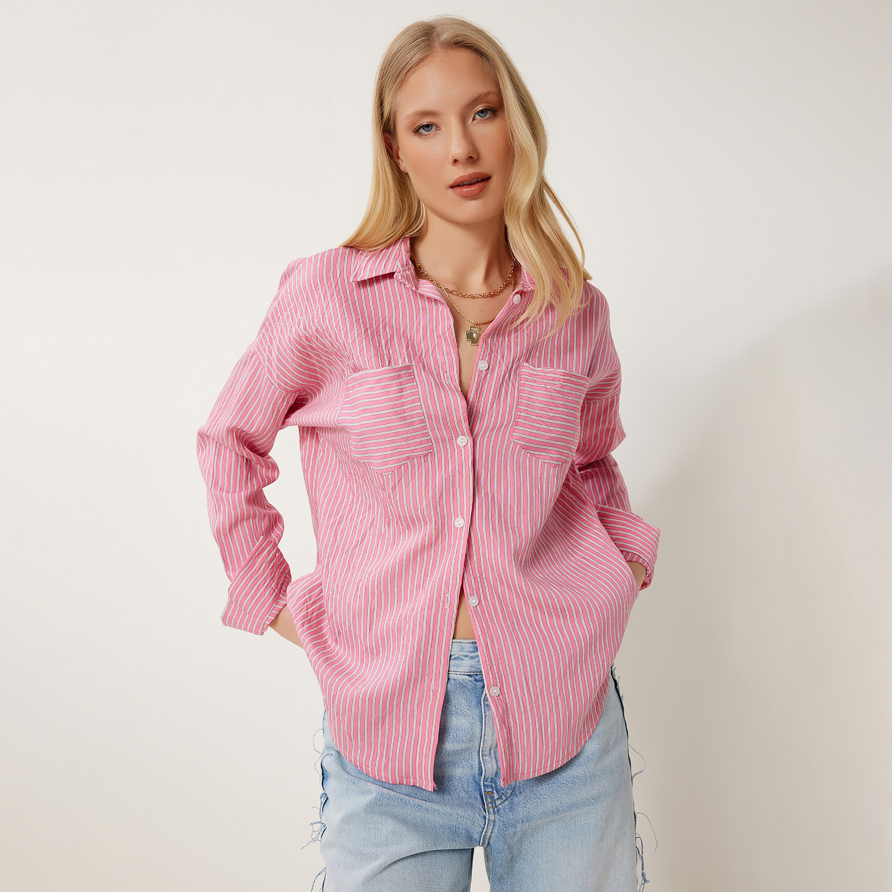 Happiness Istanbul Striped Cotton Collared Dropped Sleeves Women's Shirt-women-clothing-shirtsandblouses-shirts-image-6