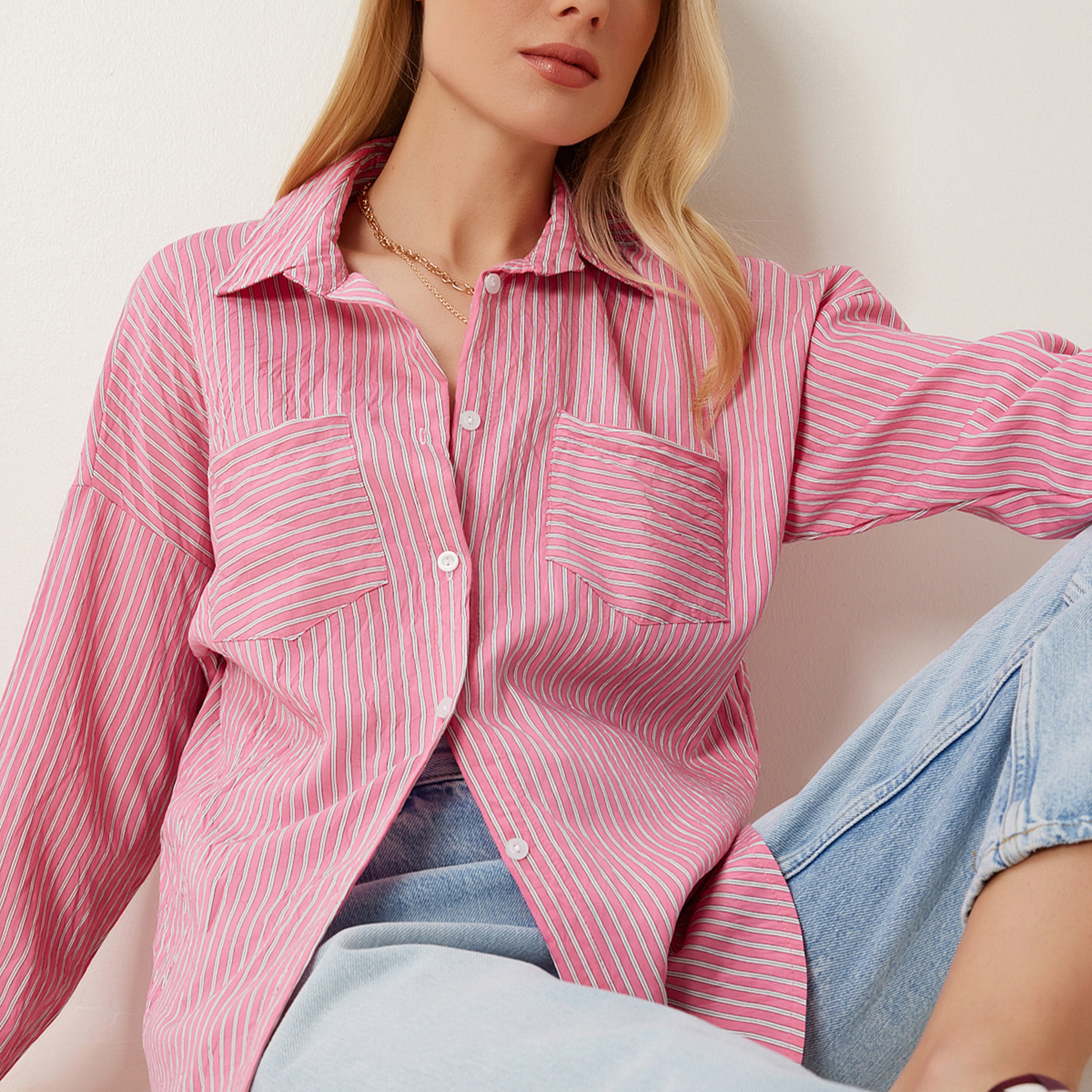 Happiness Istanbul Striped Cotton Collared Dropped Sleeves Women's Shirt-women-clothing-shirtsandblouses-shirts-image-7