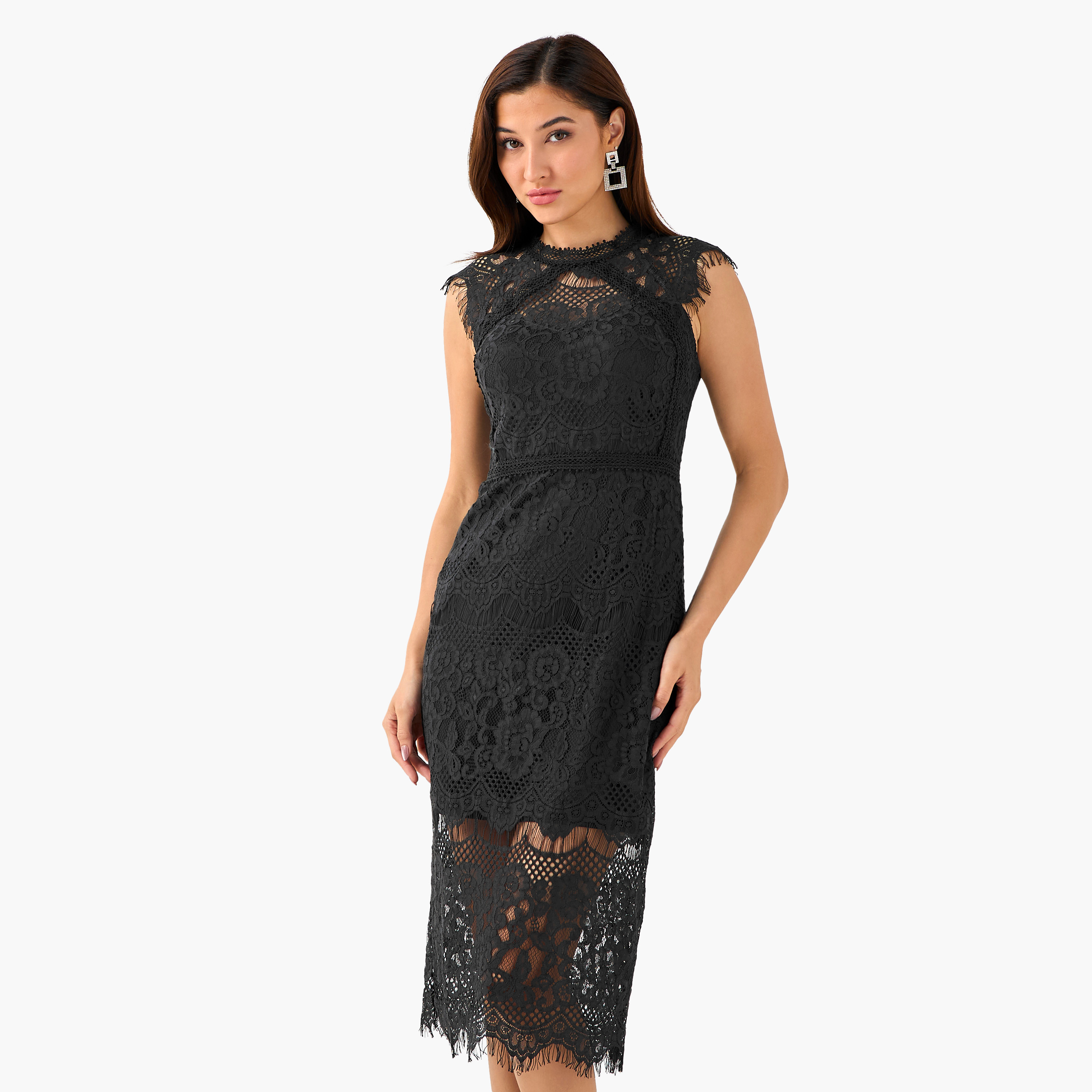 TFNC Lace Midi Polyester Shift Dress with High Neck-women-clothing-dresses-image-1