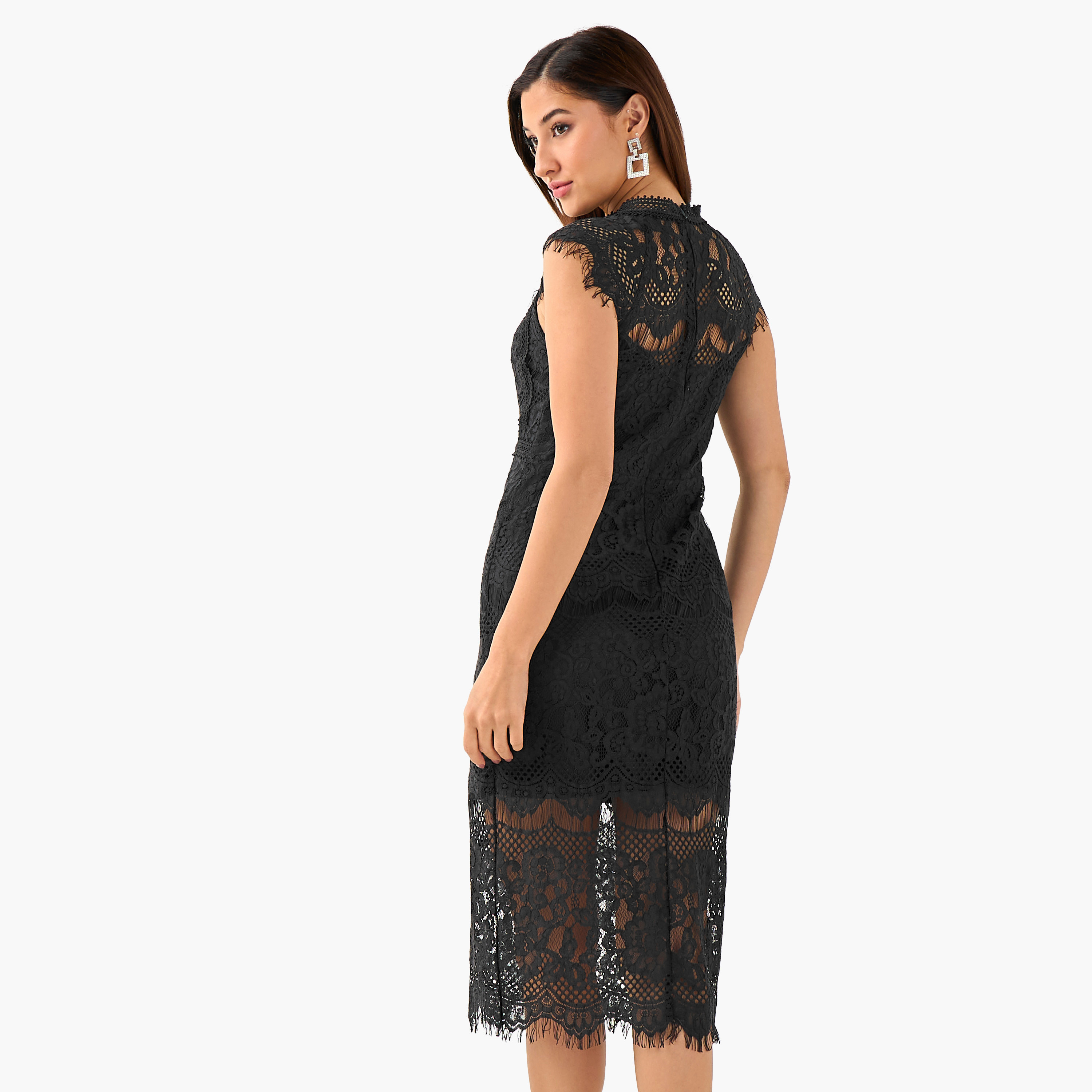 TFNC Lace Midi Polyester Shift Dress with High Neck-women-clothing-dresses-image-3
