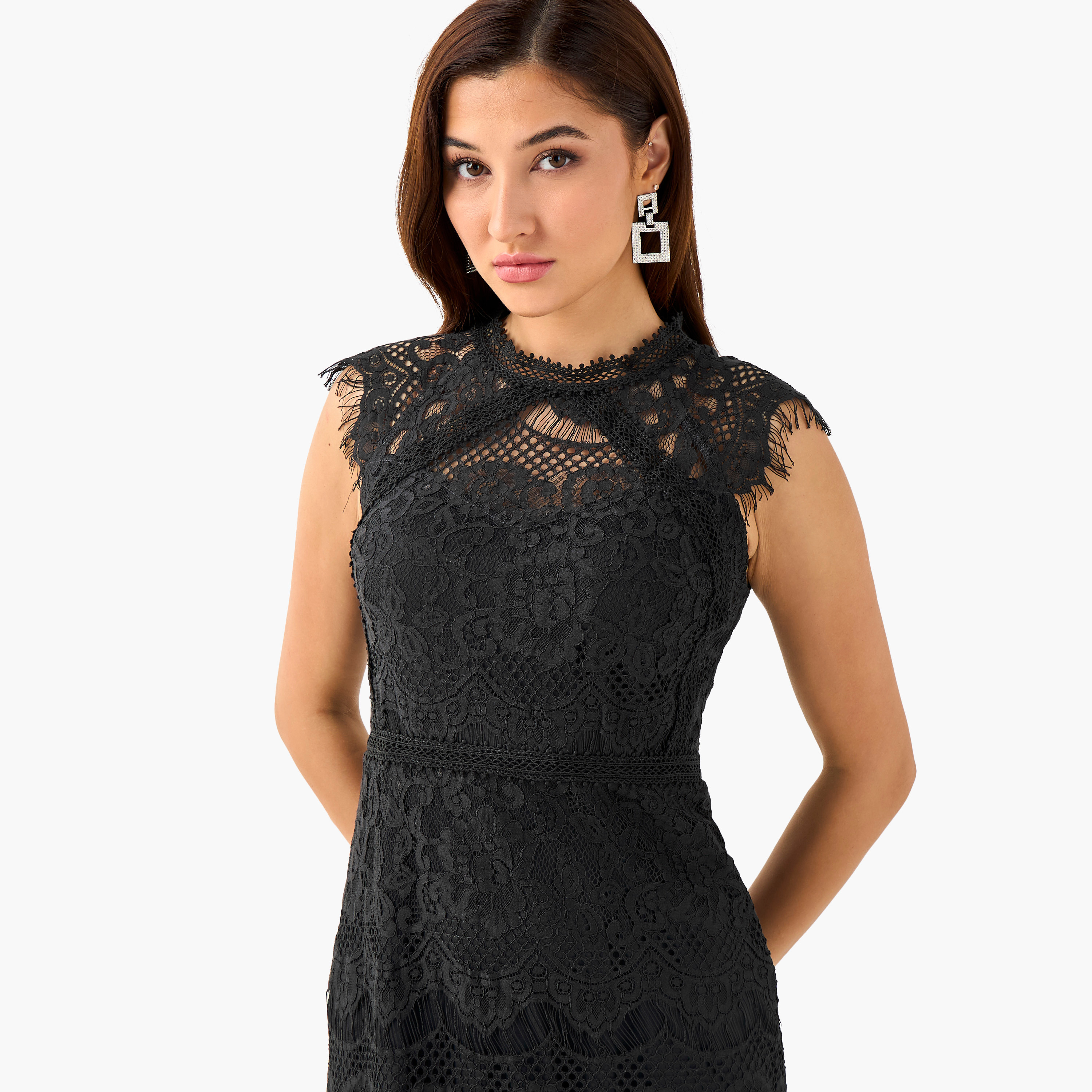 TFNC Lace Midi Polyester Shift Dress with High Neck-women-clothing-dresses-image-4
