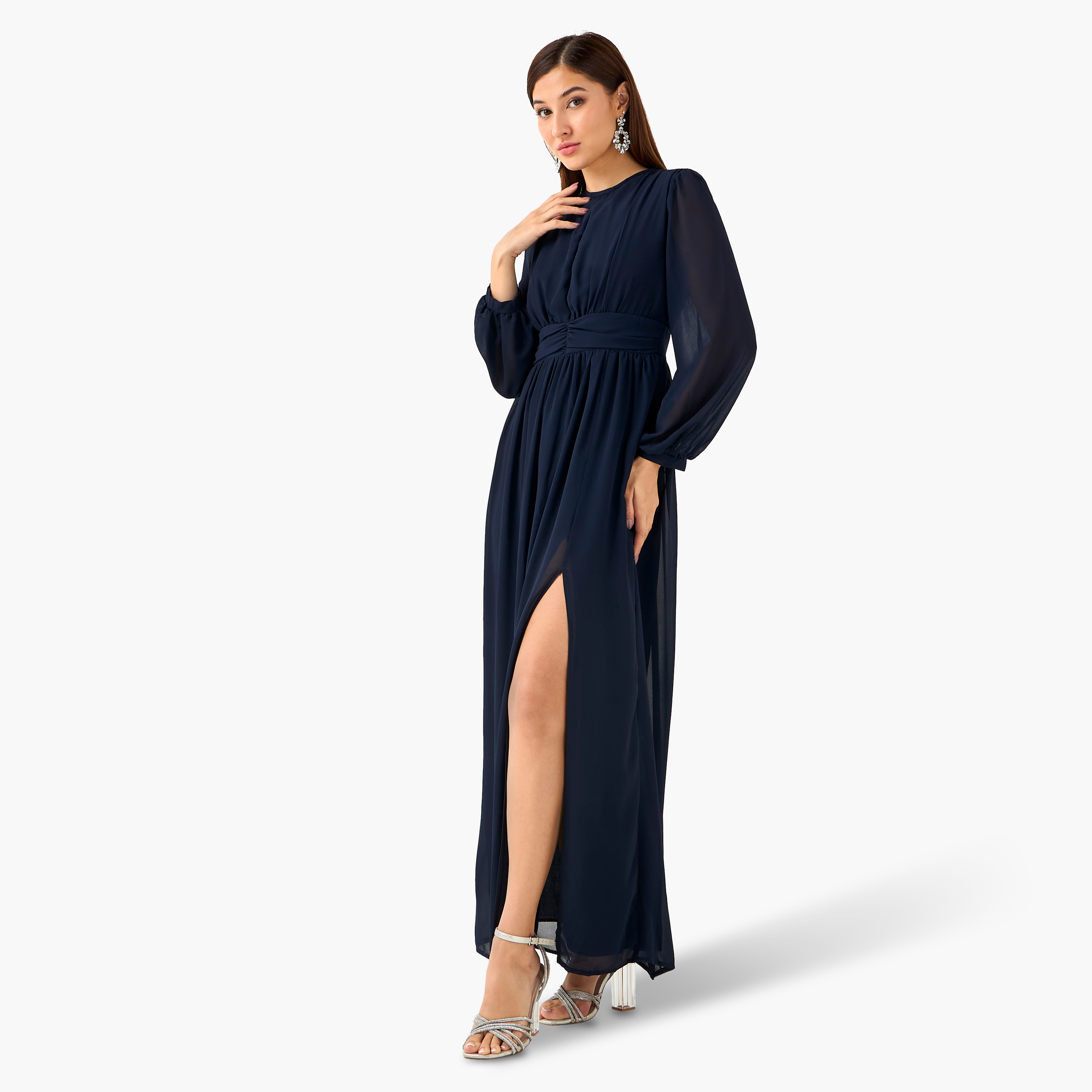 TFNC Pleated Maxi Polyester Dress with Slit-women-clothing-dresses-image-1