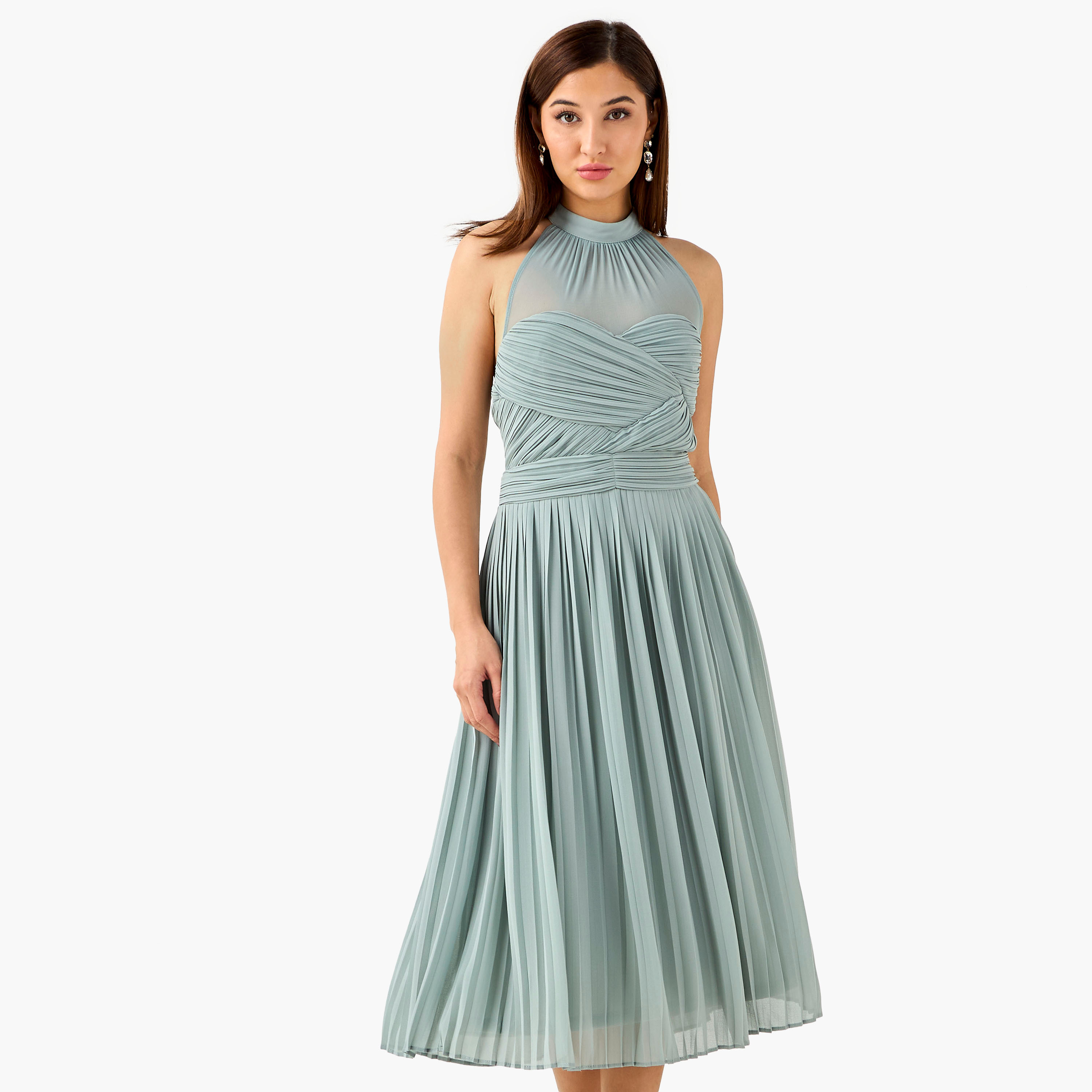 TFNC Pleated Midi Polyester Dress with Halter Neck-women-clothing-dresses-image-1