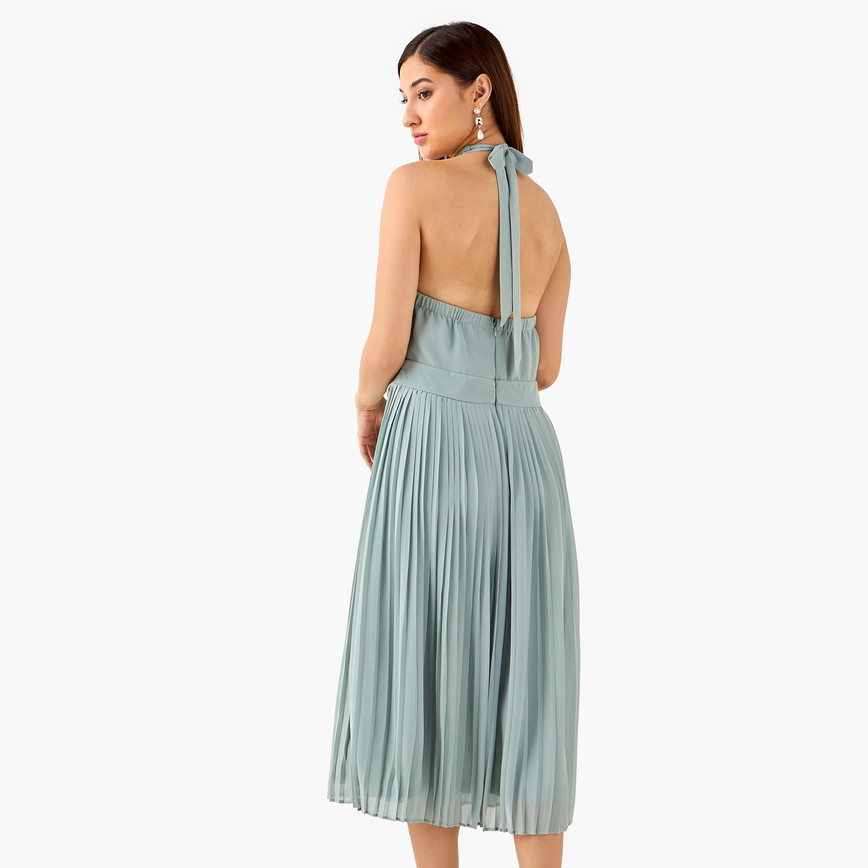 TFNC Pleated Midi Polyester Dress with Halter Neck-women-clothing-dresses-image-2
