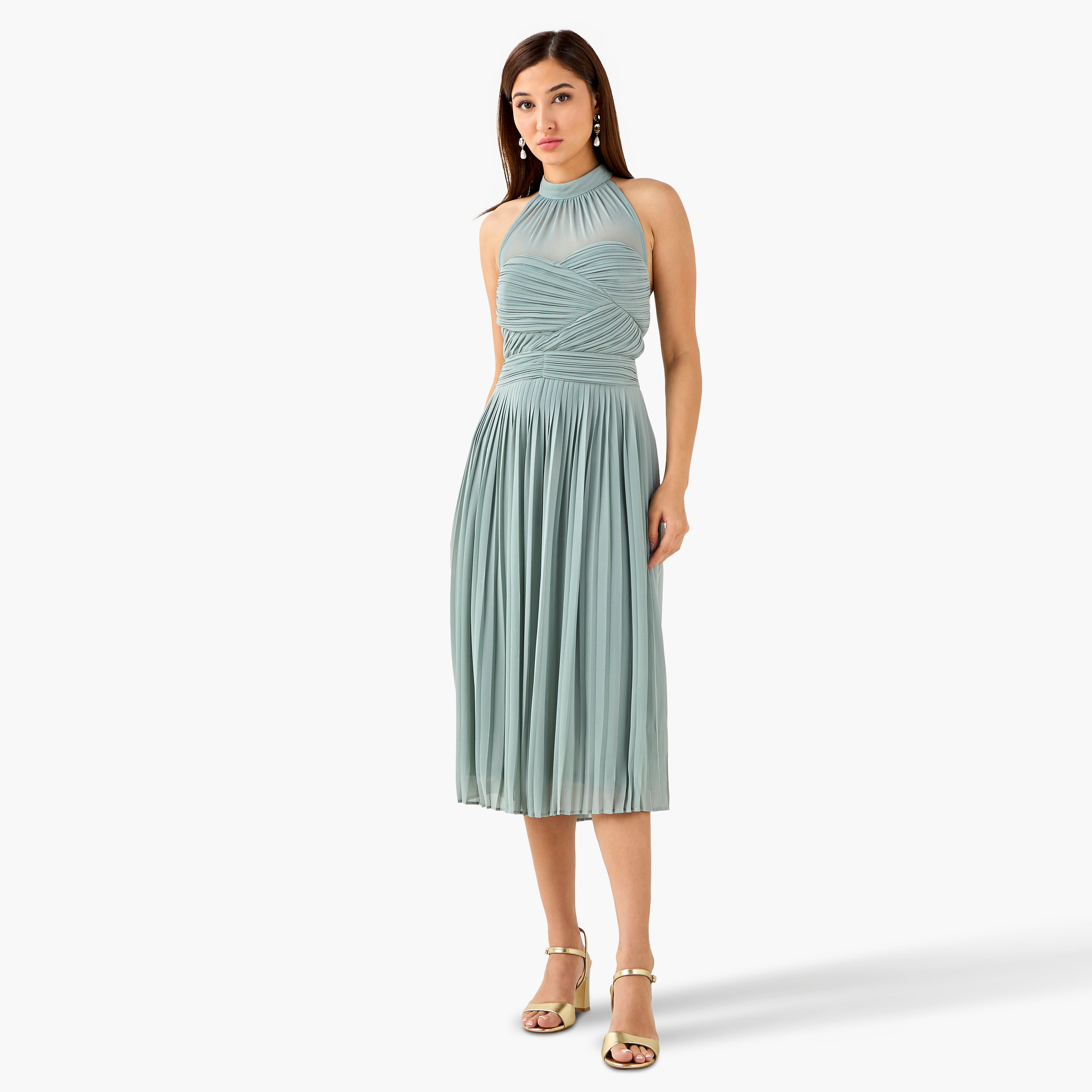 TFNC Pleated Midi Polyester Dress with Halter Neck-women-clothing-dresses-image-5