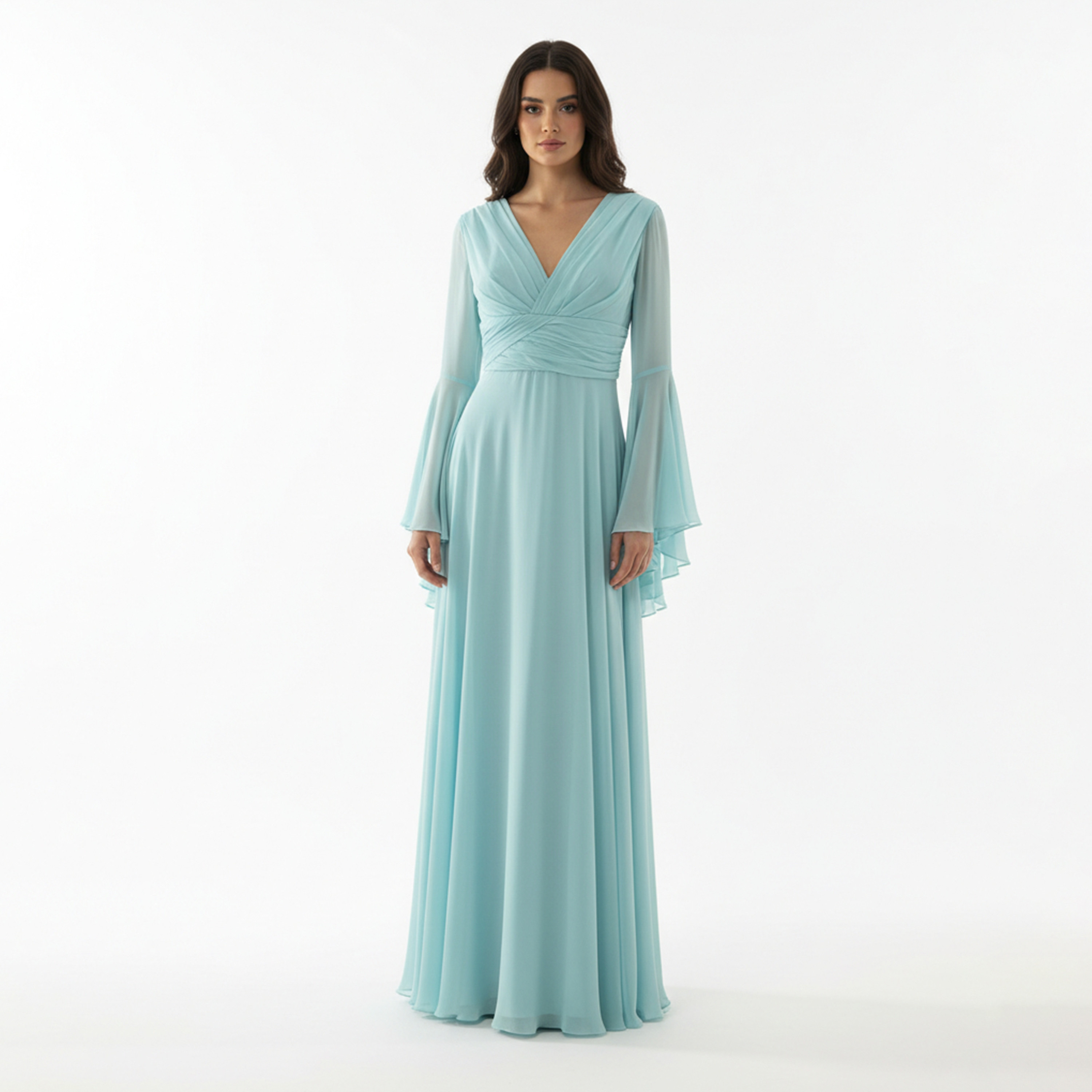 Akadia Ruched Chiffon Bell Sleeves Fit & Flare Women's Maxi Dress-women-clothing-dresses-image-4