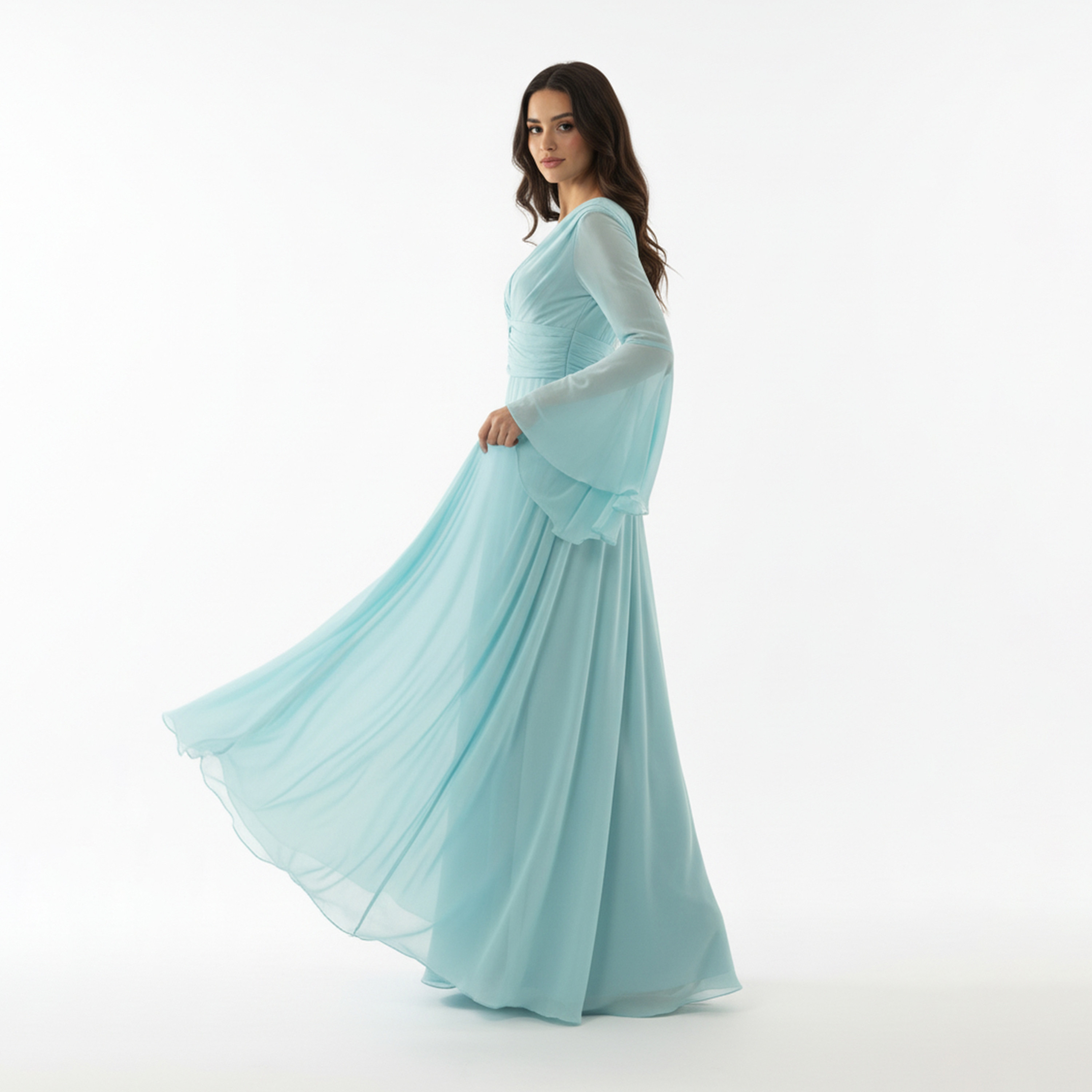 Akadia Ruched Chiffon Bell Sleeves Fit & Flare Women's Maxi Dress-women-clothing-dresses-image-5