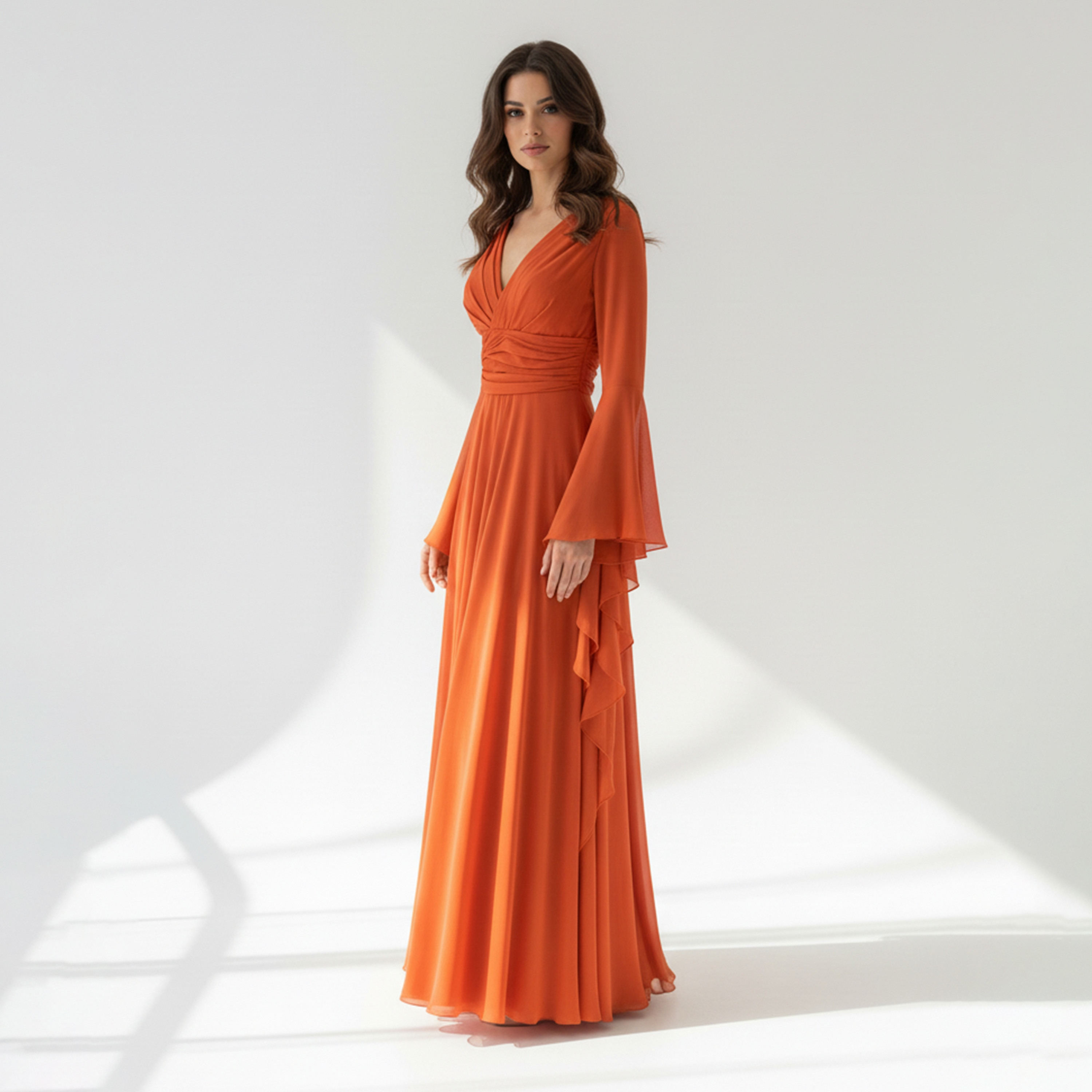 Akadia Ruched Chiffon Bell Sleeves Fit & Flare Women's Maxi Dress-women-clothing-dresses-image-2