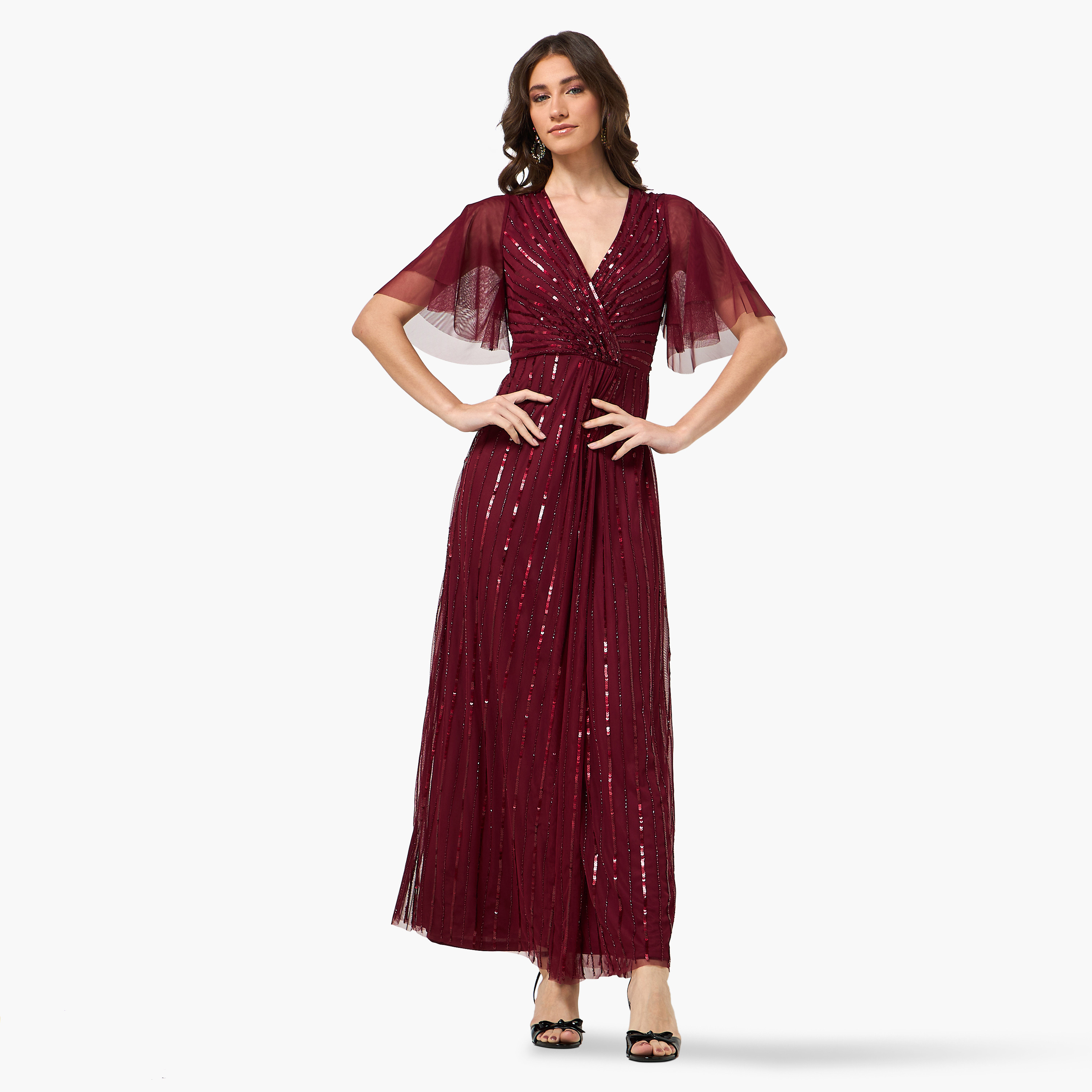 Amelia Rose Sequined Sheer Surplice Neck Flutter Sleeves Fit & Flared Women's Evening Maxi Dress-women-clothing-dresses-image-1