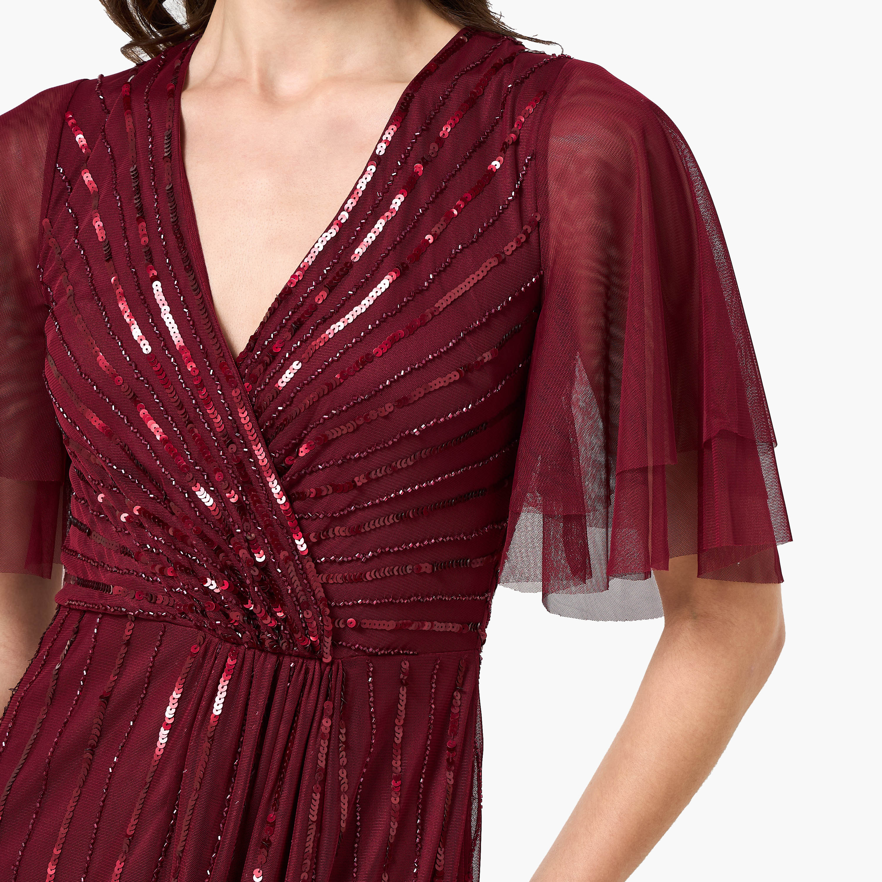 Amelia Rose Sequined Sheer Surplice Neck Flutter Sleeves Fit & Flared Women's Evening Maxi Dress-women-clothing-dresses-image-2