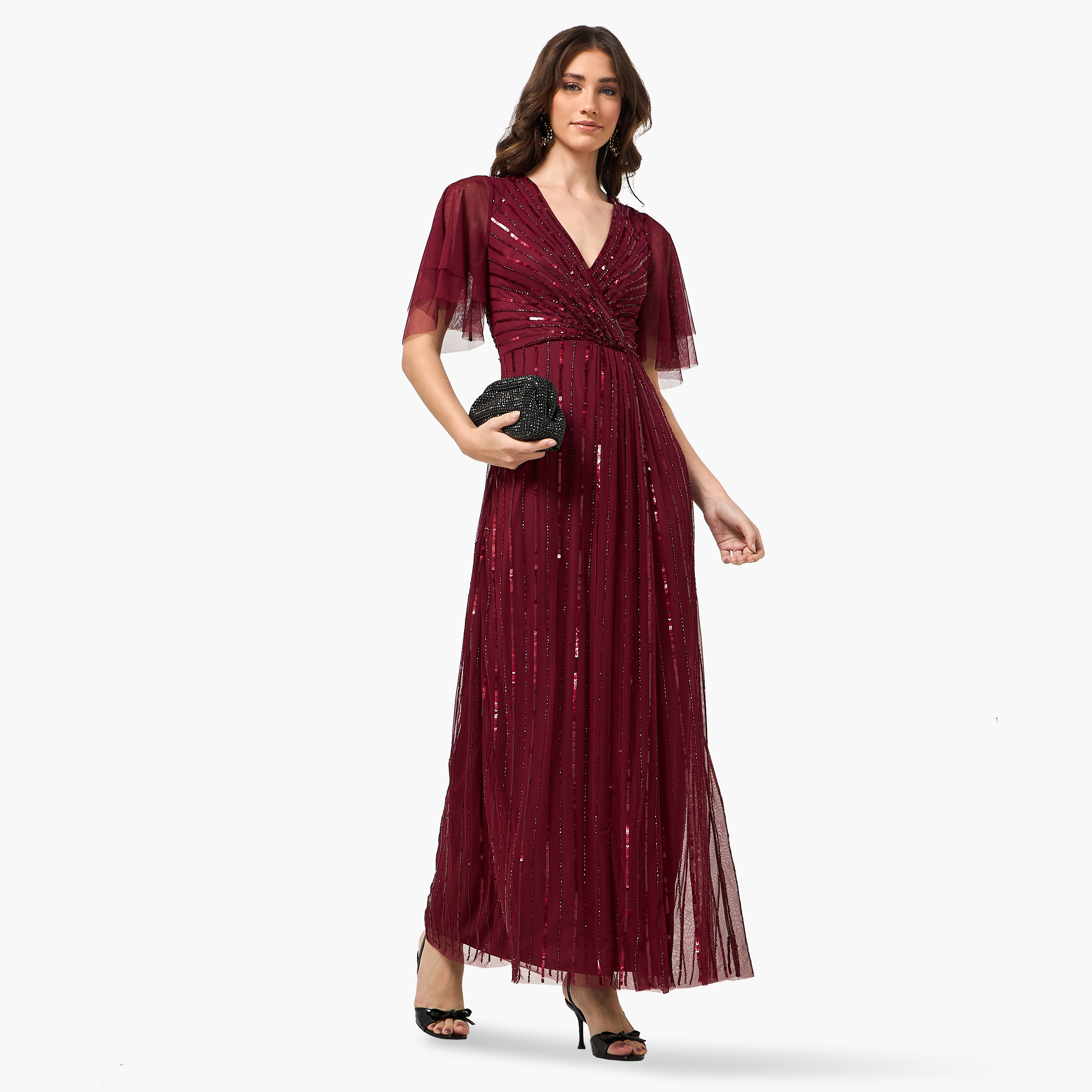 Amelia Rose Sequined Sheer Surplice Neck Flutter Sleeves Fit & Flared Women's Evening Maxi Dress-women-clothing-dresses-image-3