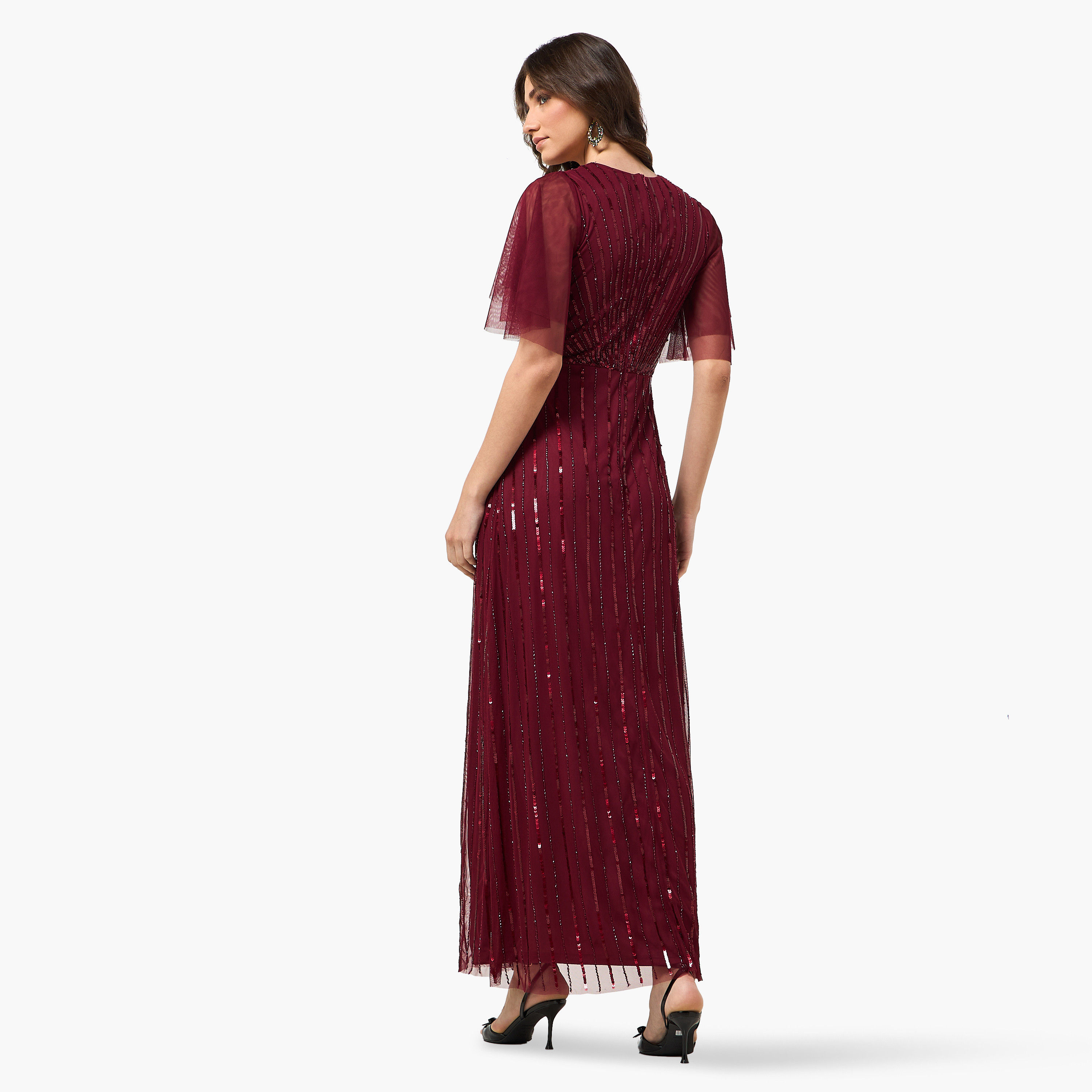 Amelia Rose Sequined Sheer Surplice Neck Flutter Sleeves Fit & Flared Women's Evening Maxi Dress-women-clothing-dresses-image-4