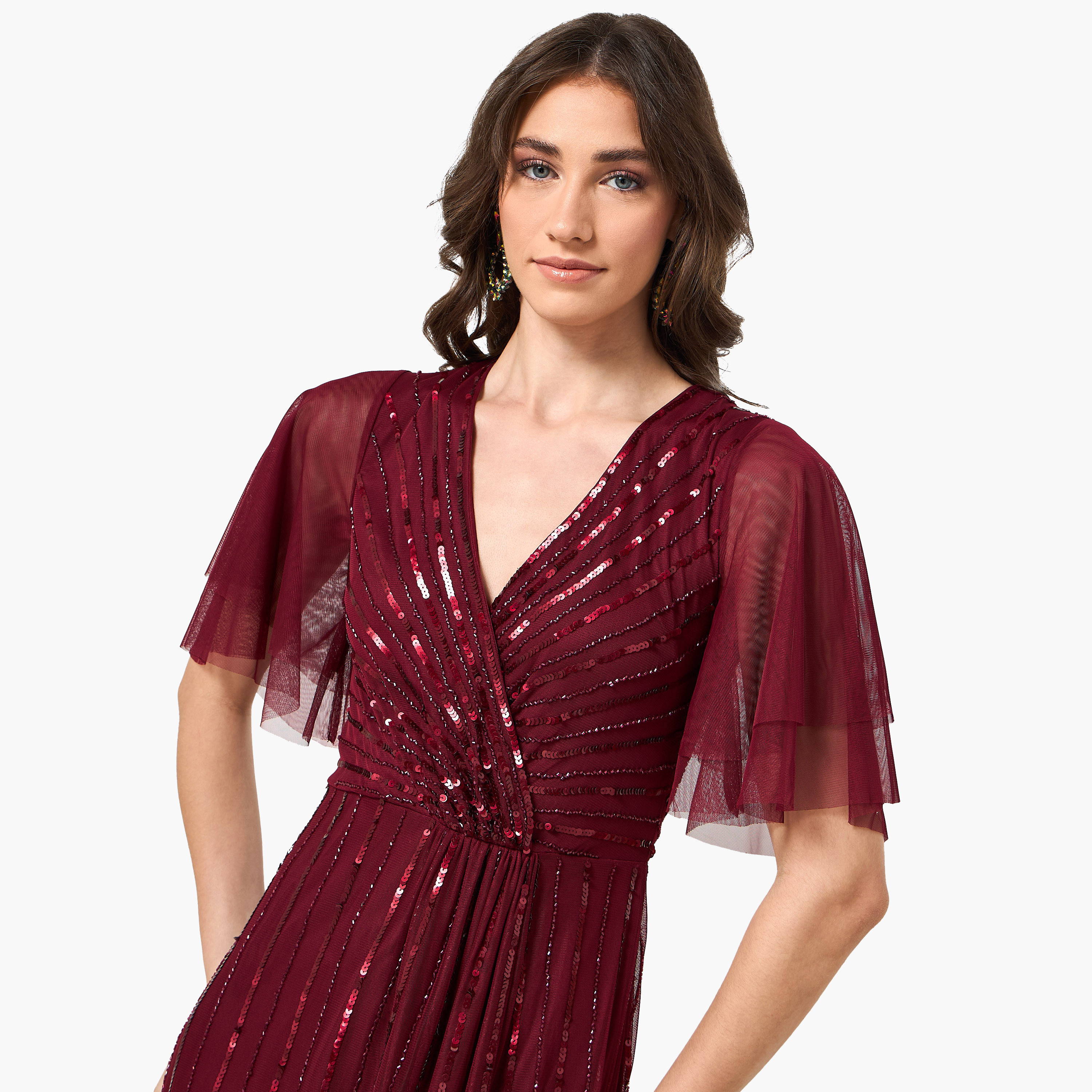 Amelia Rose Sequined Sheer Surplice Neck Flutter Sleeves Fit & Flared Women's Evening Maxi Dress-women-clothing-dresses-image-5