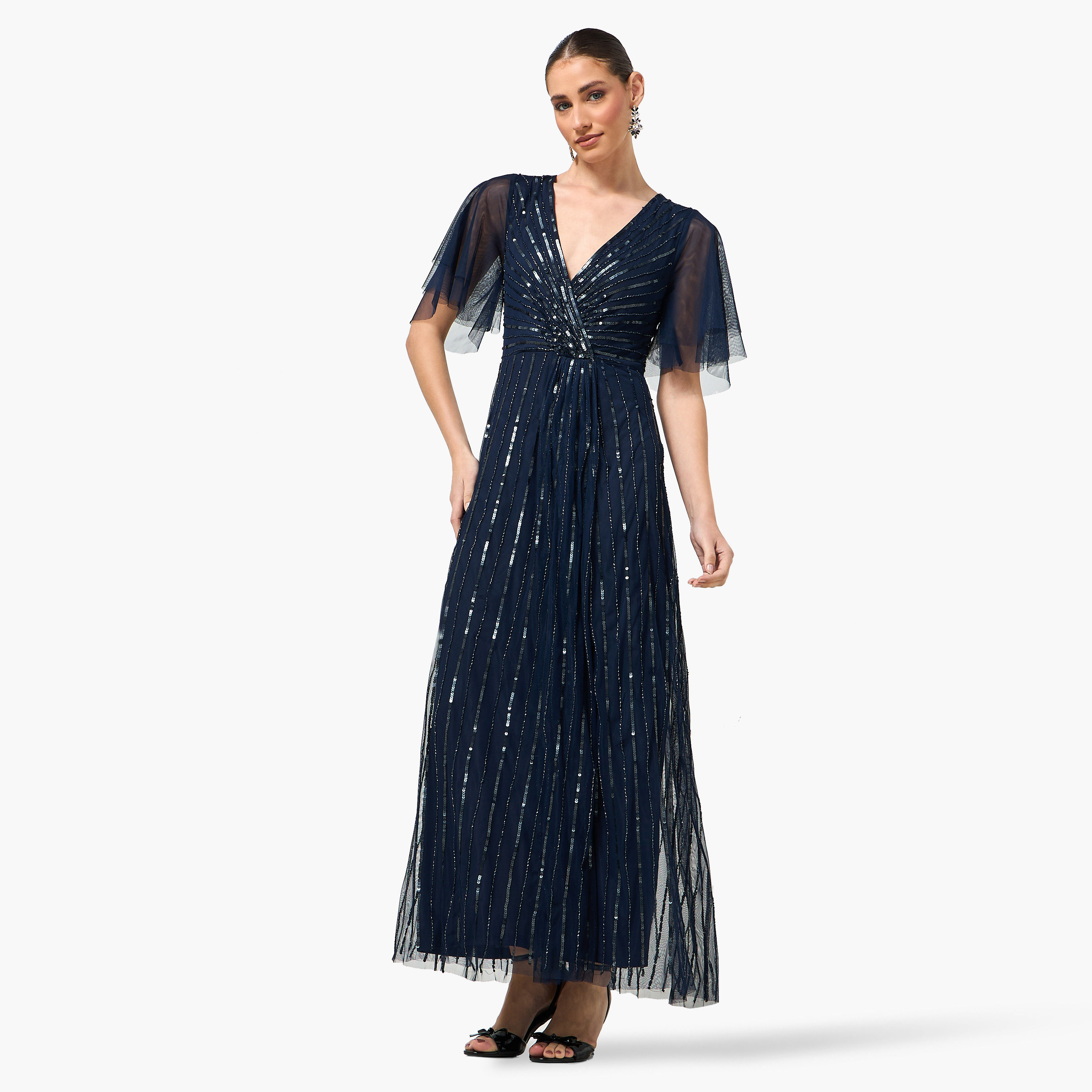 Amelia Rose Sequined Sheer Surplice Neck Flutter Sleeves Fit & Flared Women's Evening Maxi Dress-women-clothing-dresses-image-6